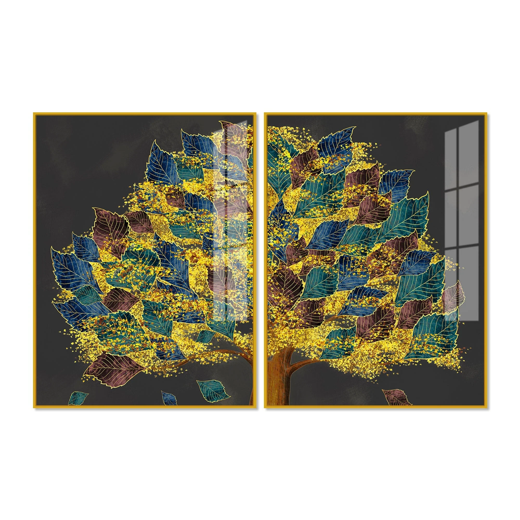 Luxury Golden Shiny Tufted Leaves Tree Acrylic Floating Wall Painting Set Of 2 - Image 5