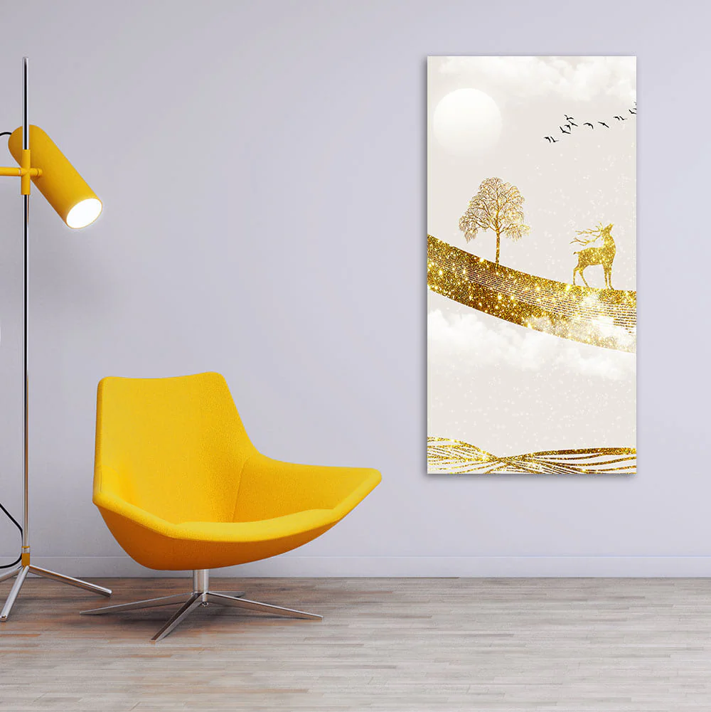 Luxury Golden Tree with Deer and Flying Birds Premium Canvas Wall Painting - Image 2
