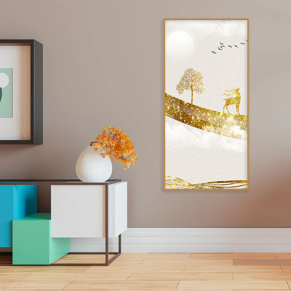Luxury Golden Tree with Deer and Flying Birds Premium Canvas Wall Painting - Image 3