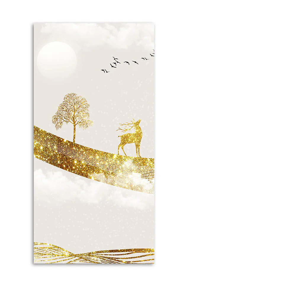 Luxury Golden Tree with Deer and Flying Birds Premium Canvas Wall Painting - Image 4