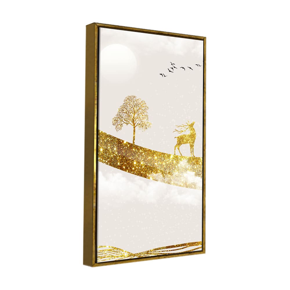 Luxury Golden Tree with Deer and Flying Birds Premium Canvas Wall Painting - Image 5