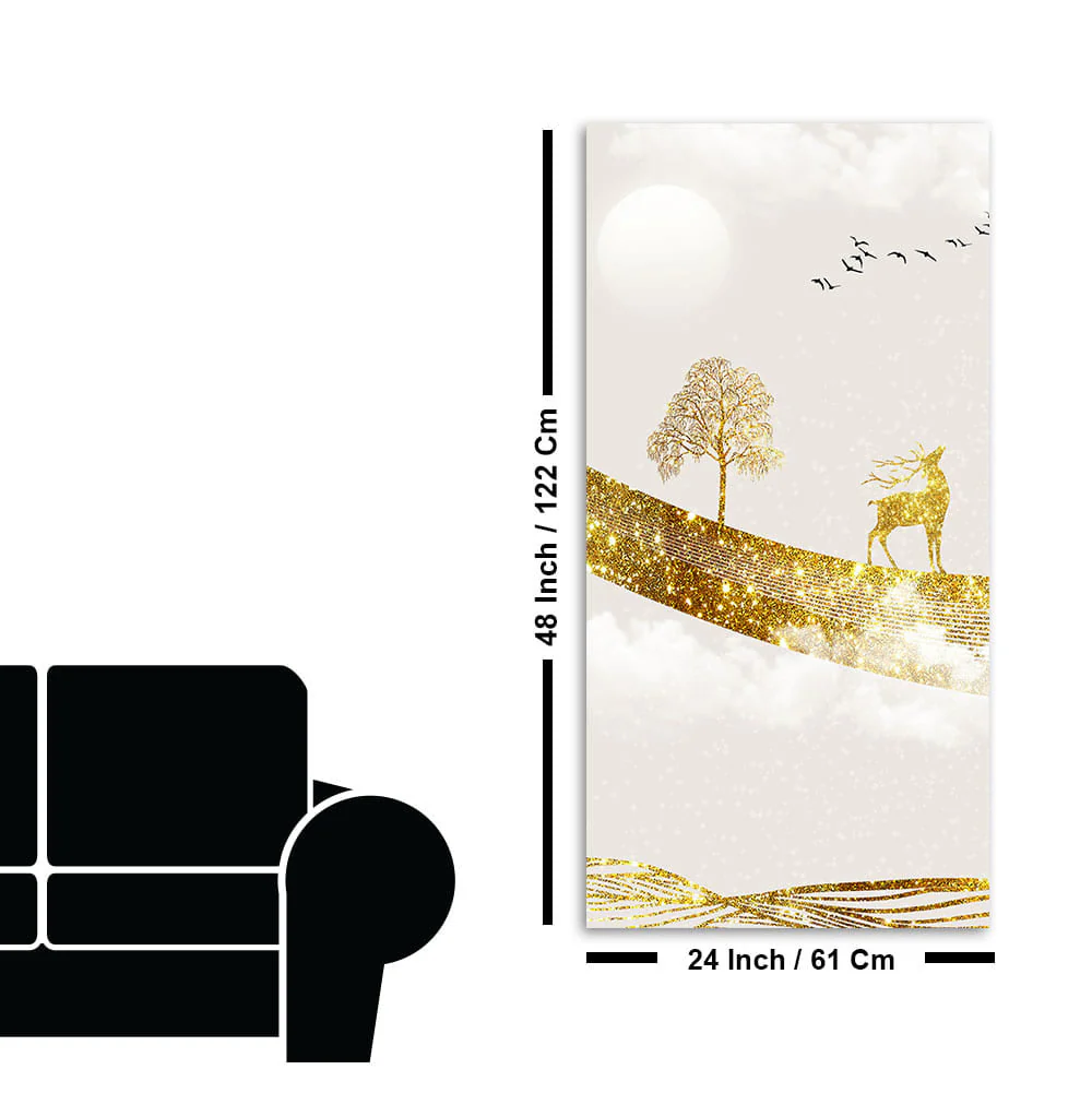 Luxury Golden Tree with Deer and Flying Birds Premium Canvas Wall Painting - Image 7