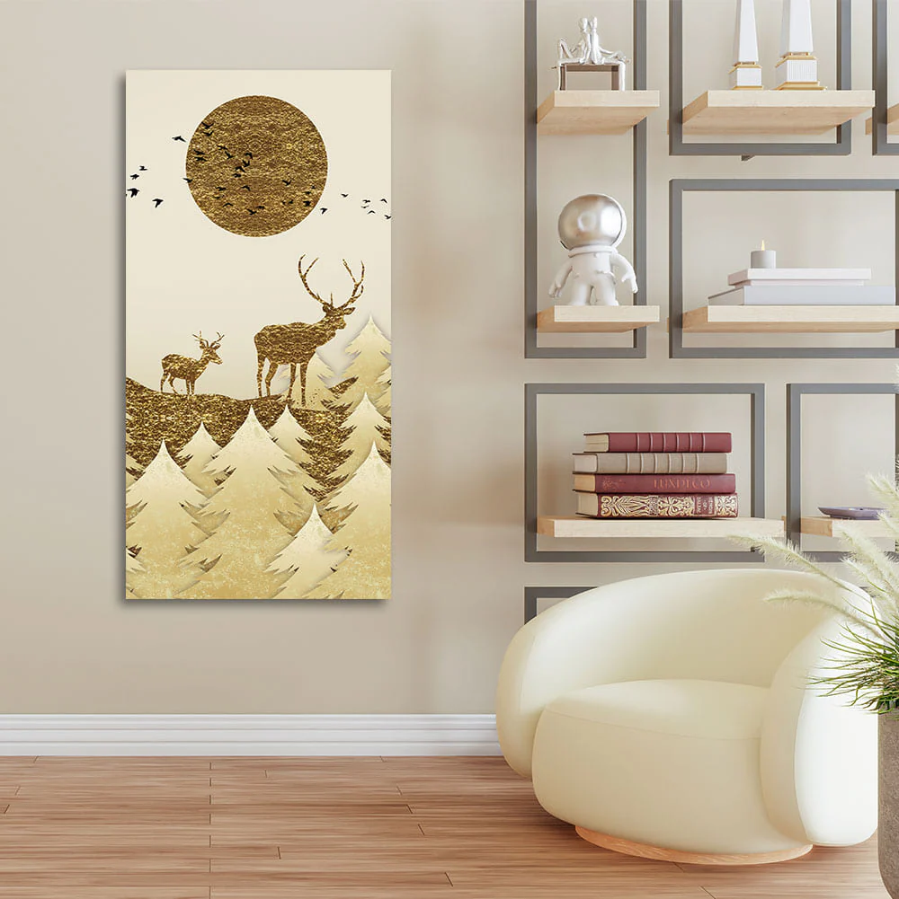Luxury Golden Tree with Two Deer Premium Canvas Wall Painting - Image 2