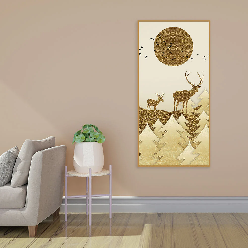 Luxury Golden Tree with Two Deer Premium Canvas Wall Painting - Image 3