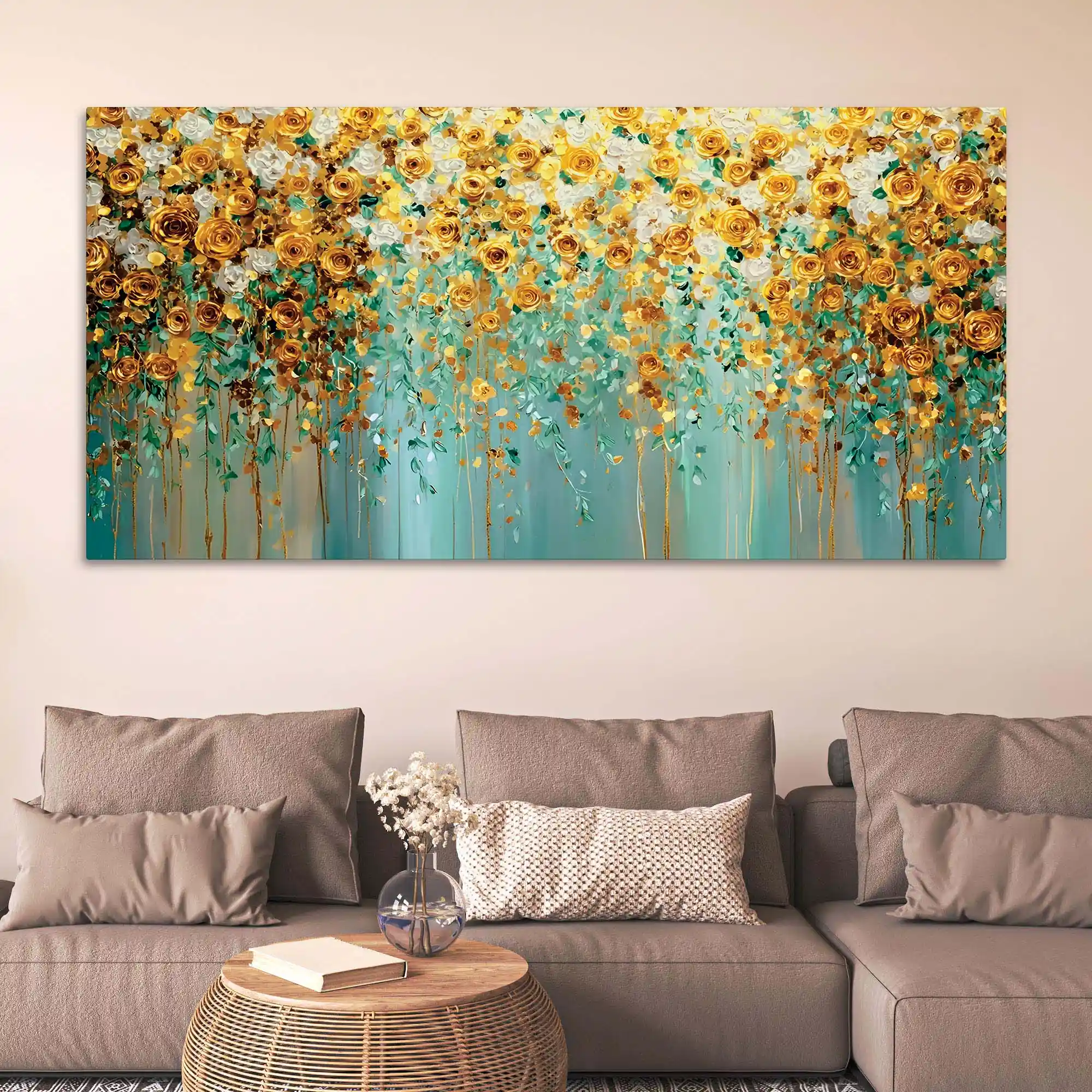 Luxury Golden & White Rose Floral Abstract Wall Painting for Home Decor - Image 3