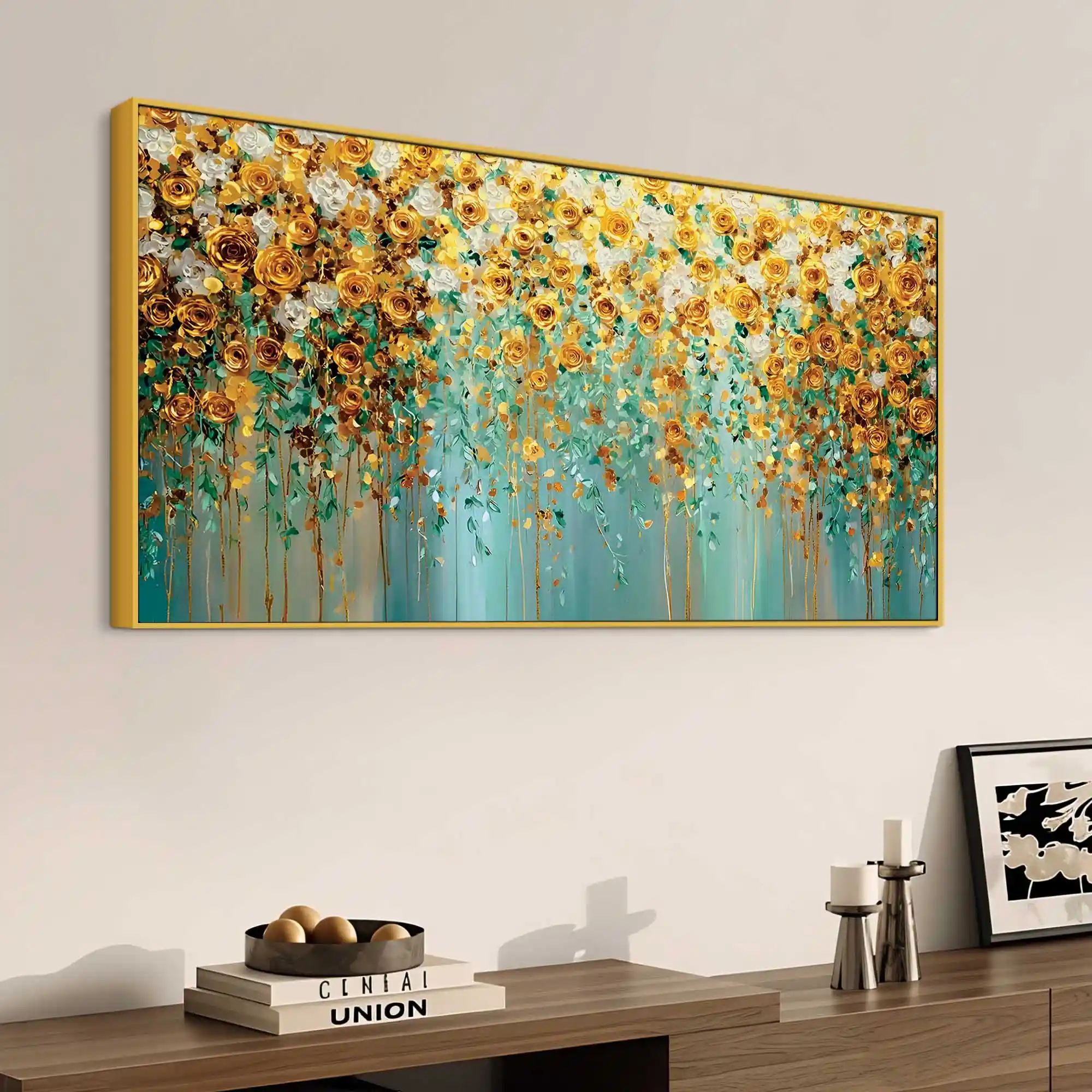 Luxury Golden & White Rose Floral Abstract Wall Painting for Home Decor - Image 5
