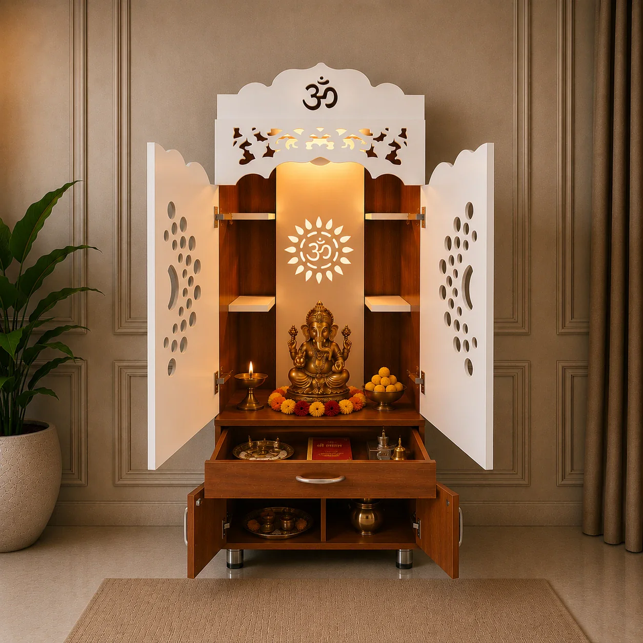 Luxury Home Temple with Doors Storage Cabinet Shelves and Om Symbol Back Panel - Image 3