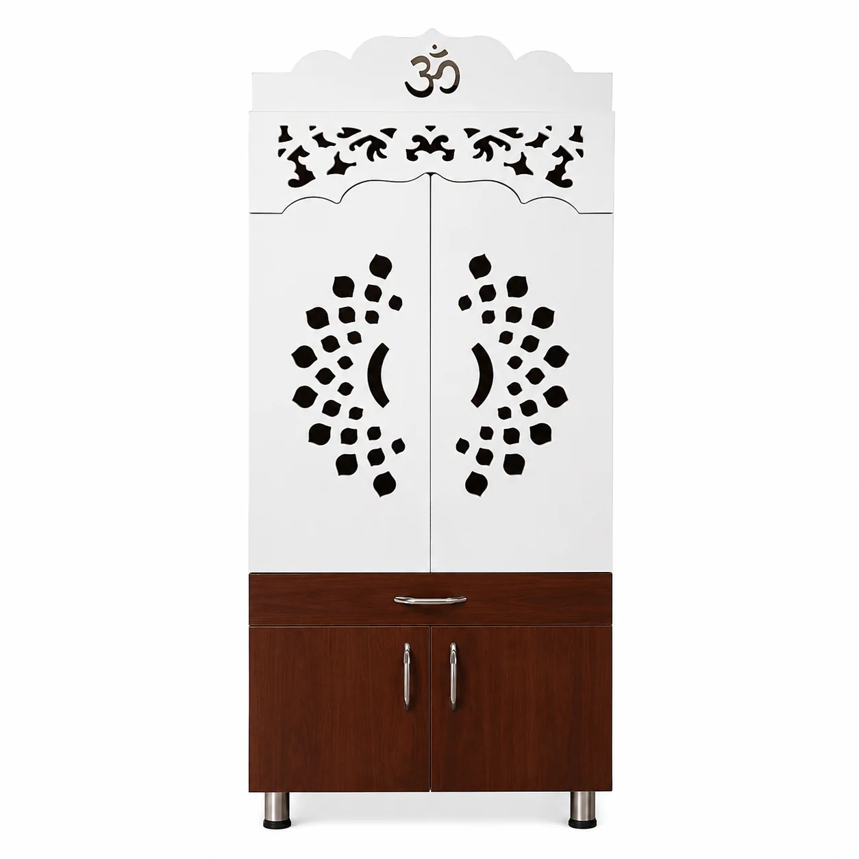 Luxury Home Temple with Doors Storage Cabinet Shelves and Om Symbol Back Panel - Image 4