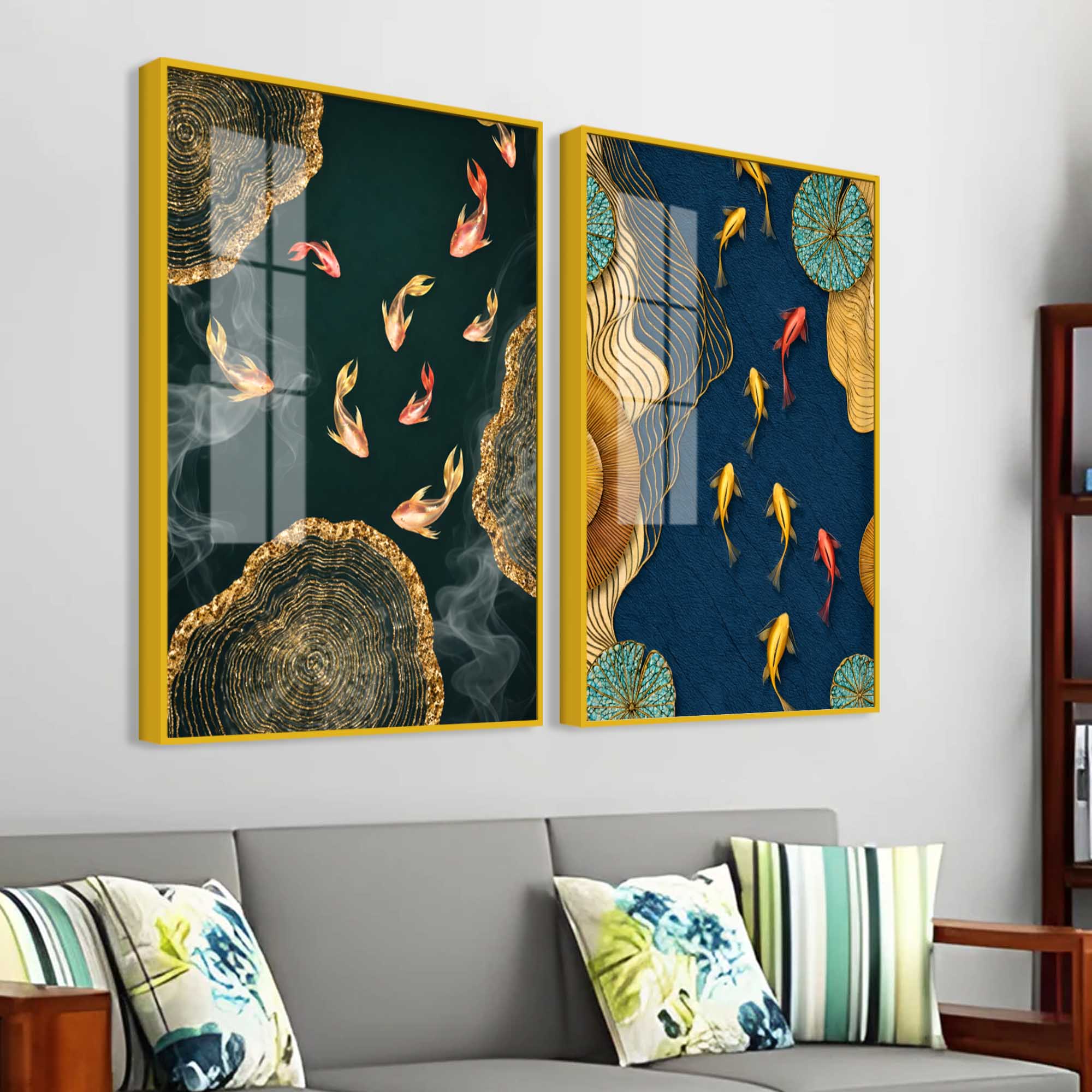 Luxury Japanese Koi Fish Premium Acrylic Floating Wall Painting Set of 2 - Image 3