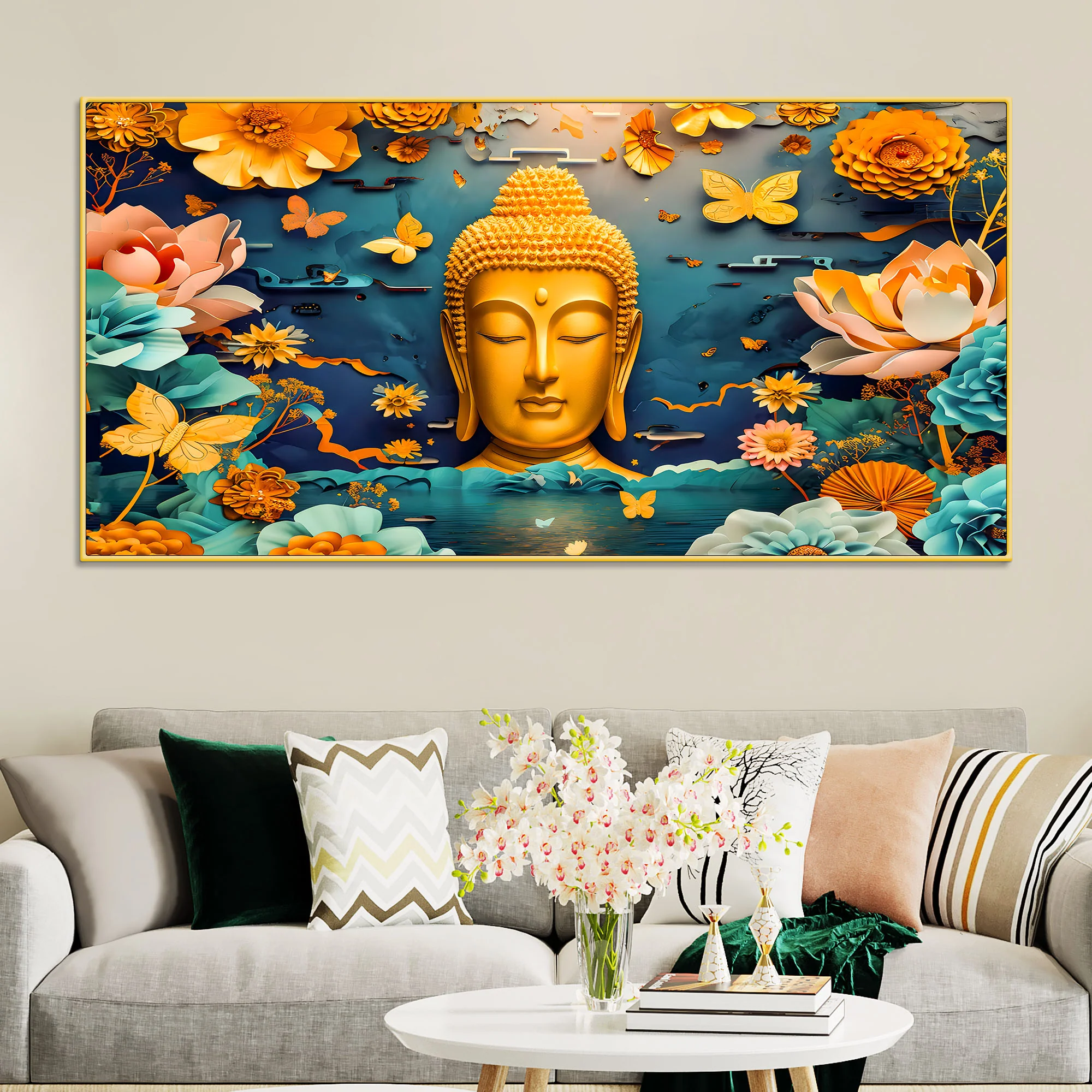 Luxury Lord Buddha Canvas Painting with Floral Design - Image 2