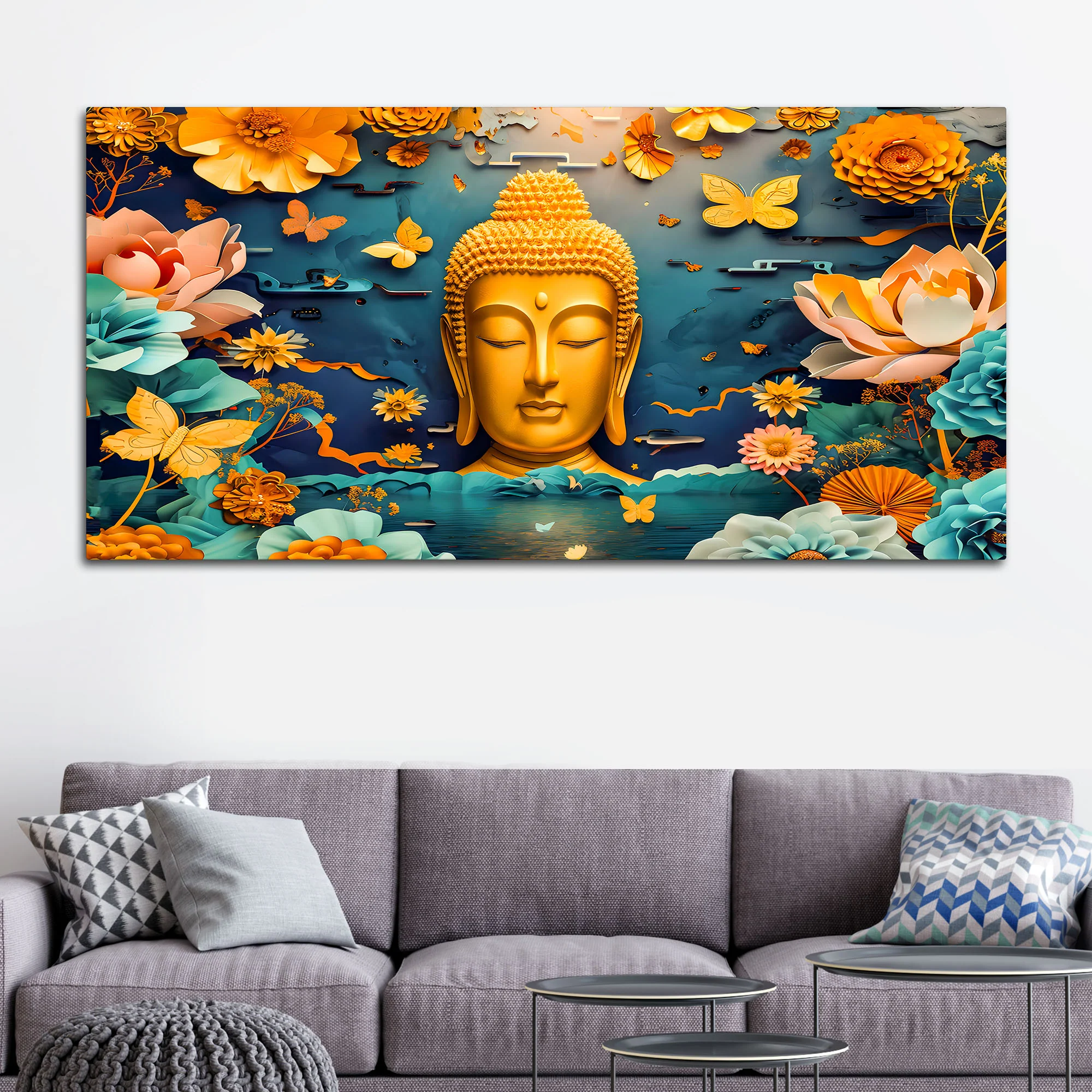 Luxury Lord Buddha Canvas Painting with Floral Design - Image 3