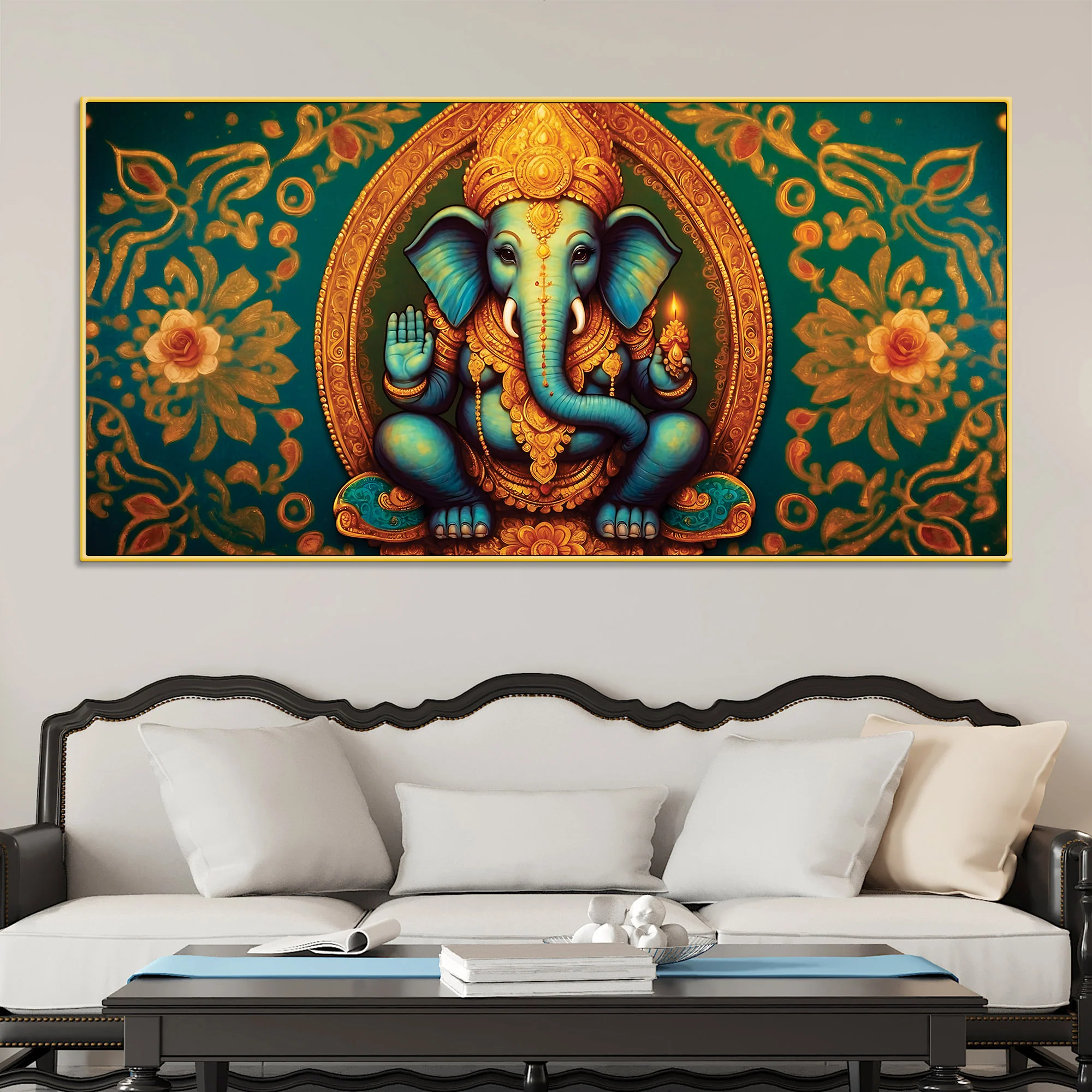 Luxury Lord Ganesha Floral Wall Art Canvas Wall Painting for Home & Office – Elegant Spiritual Wall Décor