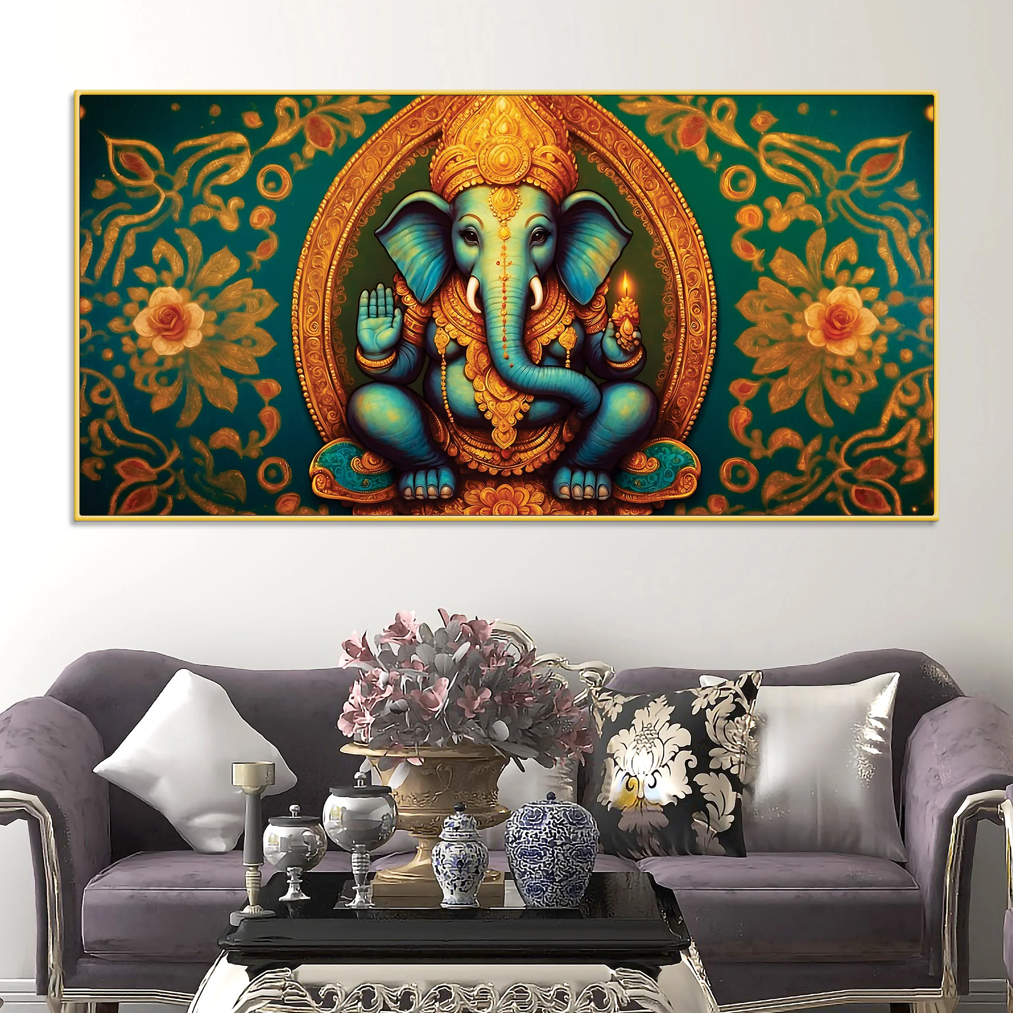 Luxury Lord Ganesha Floral Wall Art Canvas Wall Painting for Home & Office – Elegant Spiritual Wall Décor - Image 3