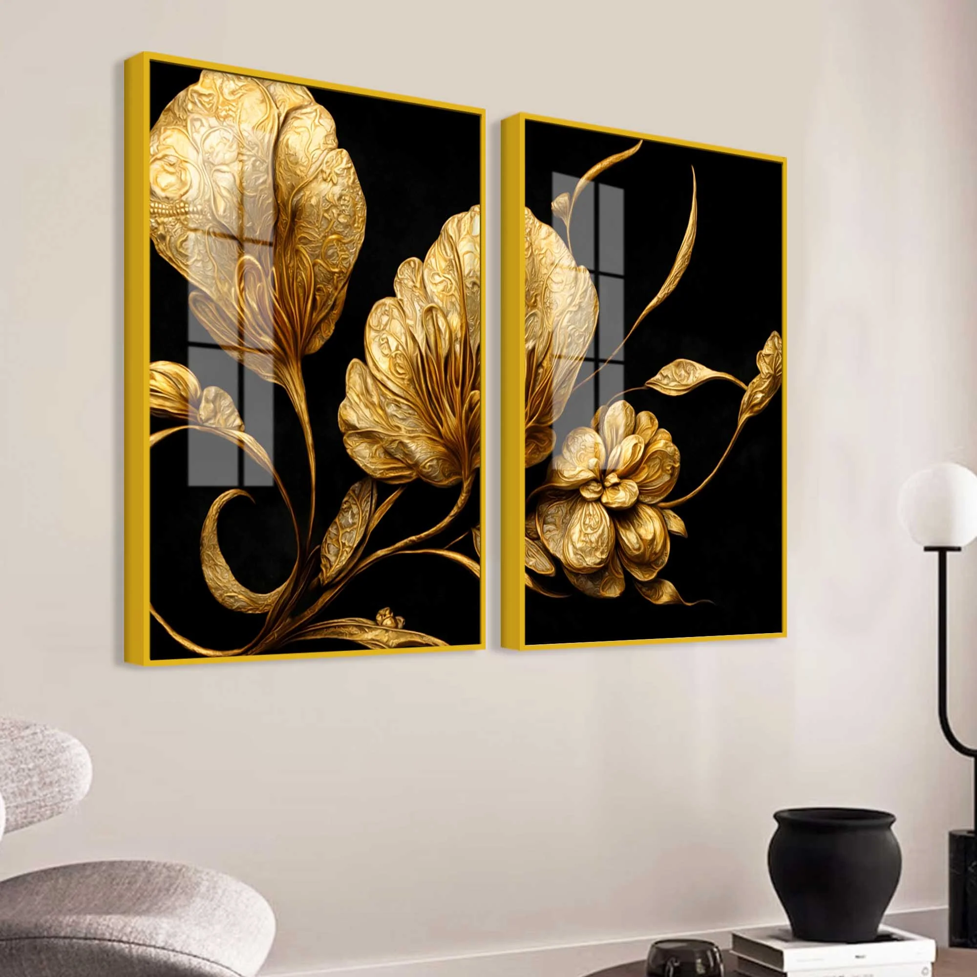 Luxury Metallic Golden Blossom Premium Acrylic Floating Wall Painting Set of 2 - Image 3