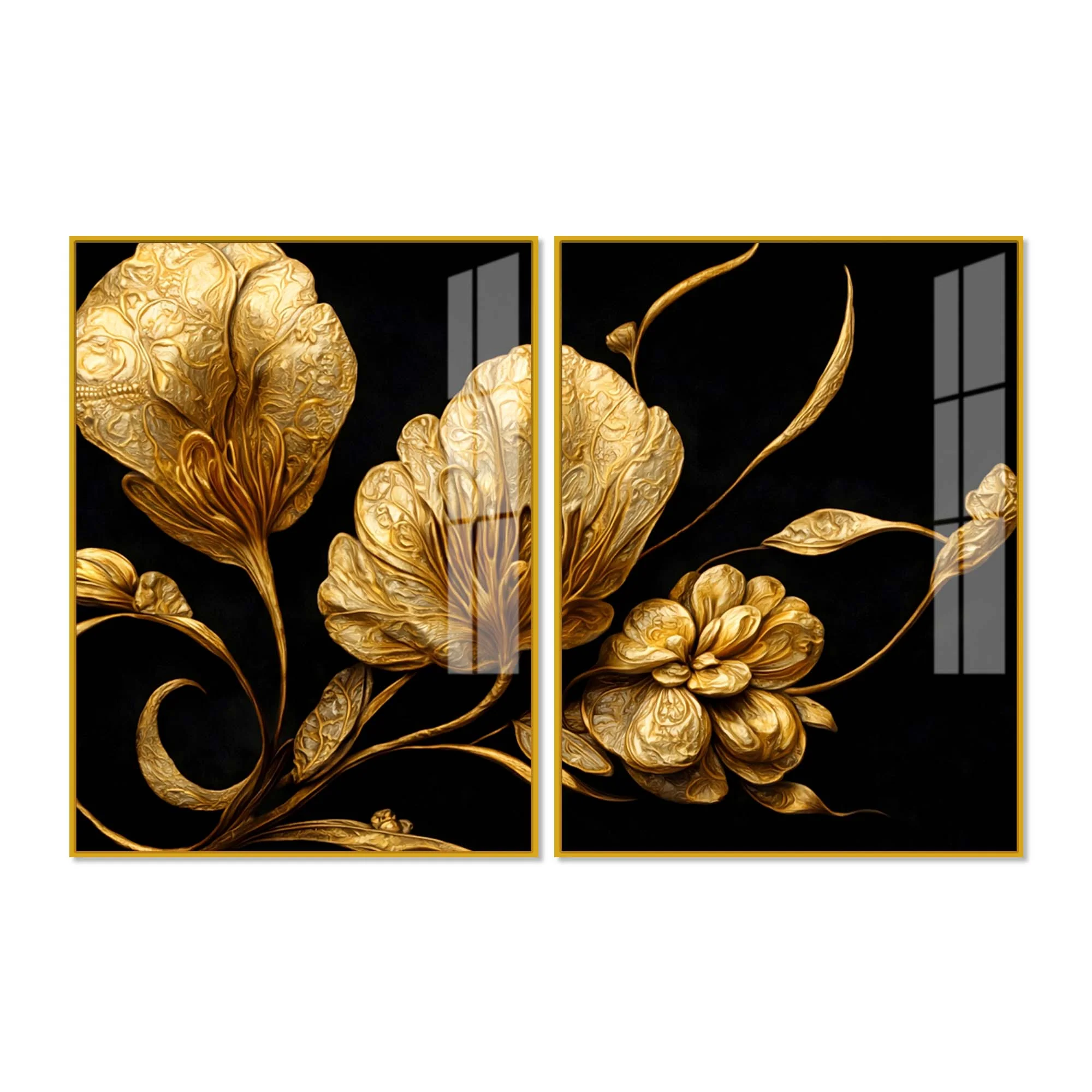 Luxury Metallic Golden Blossom Premium Acrylic Floating Wall Painting Set of 2 - Image 4