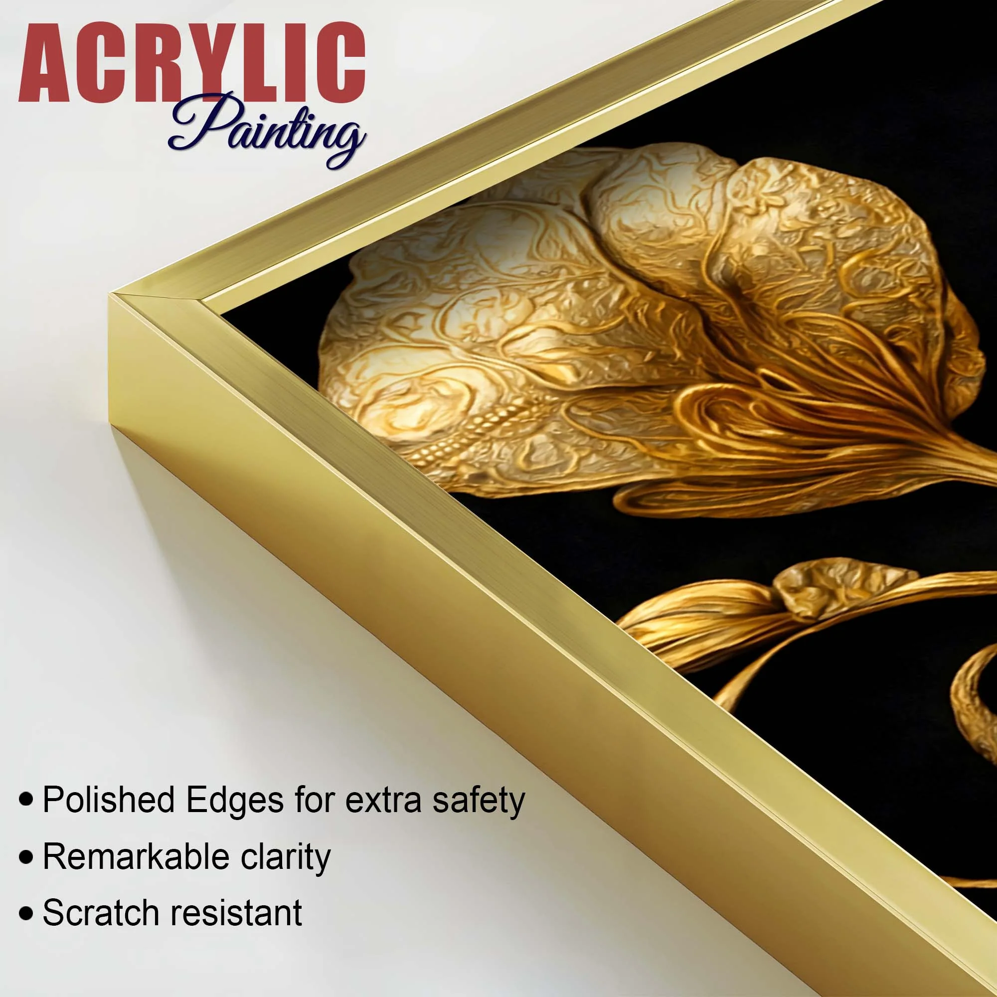 Luxury Metallic Golden Blossom Premium Acrylic Floating Wall Painting Set of 2 - Image 5