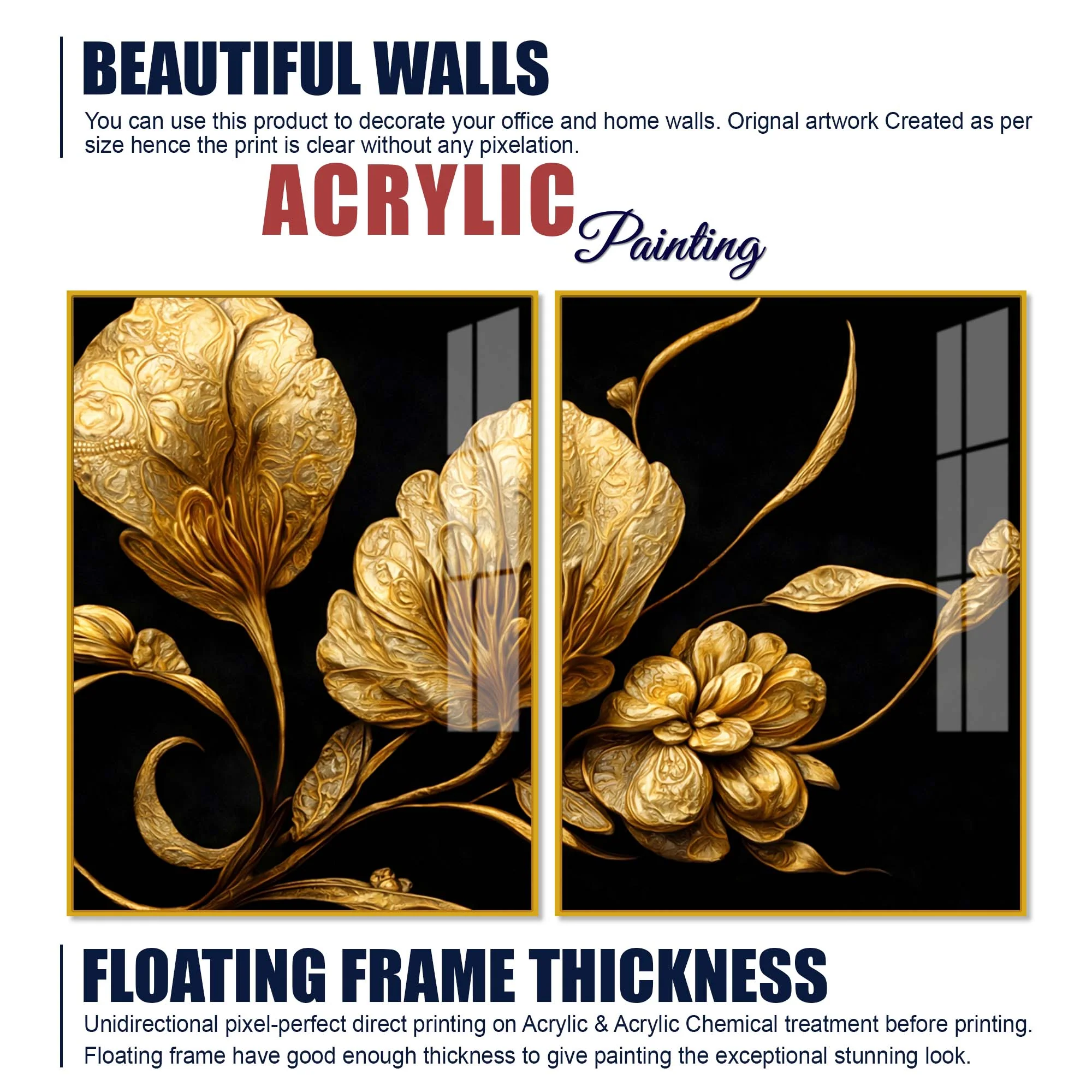 Luxury Metallic Golden Blossom Premium Acrylic Floating Wall Painting Set of 2 - Image 6