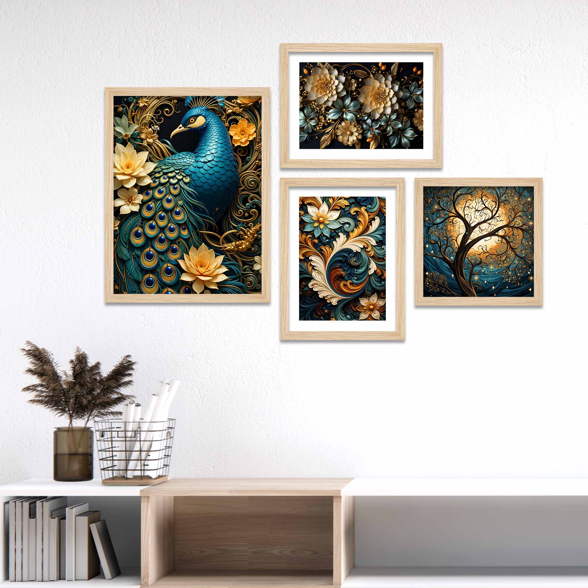 Luxury Peacock Wall Decor with Floral Art Frame Set of Four - Image 2