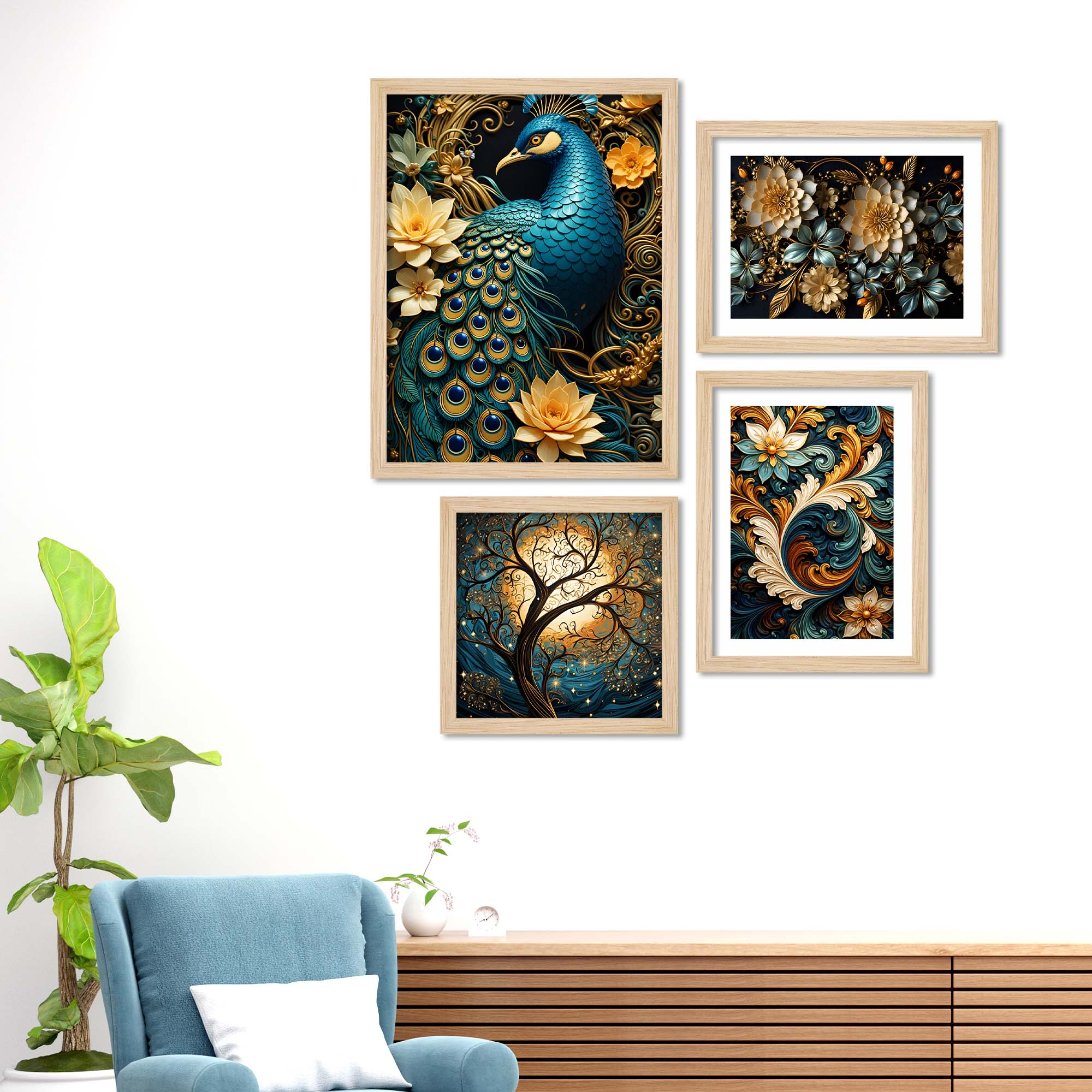 Luxury Peacock Wall Decor with Floral Art Frame Set of Four - Image 3