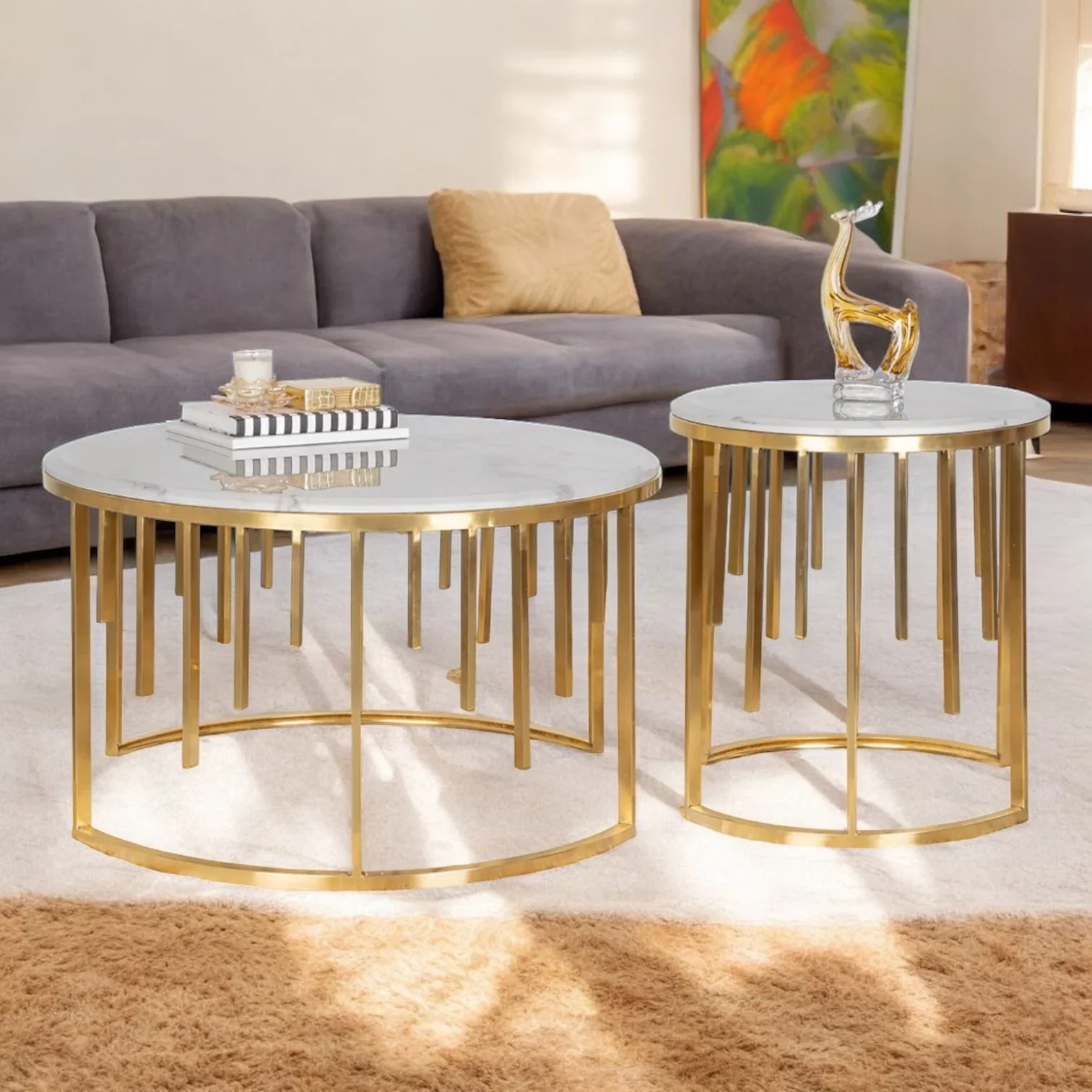 Luxury Round Marble Nesting Coffee Tables with Gold Metal Base - Image 2