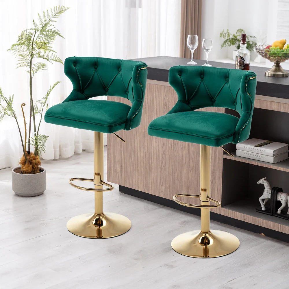 Luxury Royal Green Velvet Bar Lounge Chair with Gold Base - Image 2