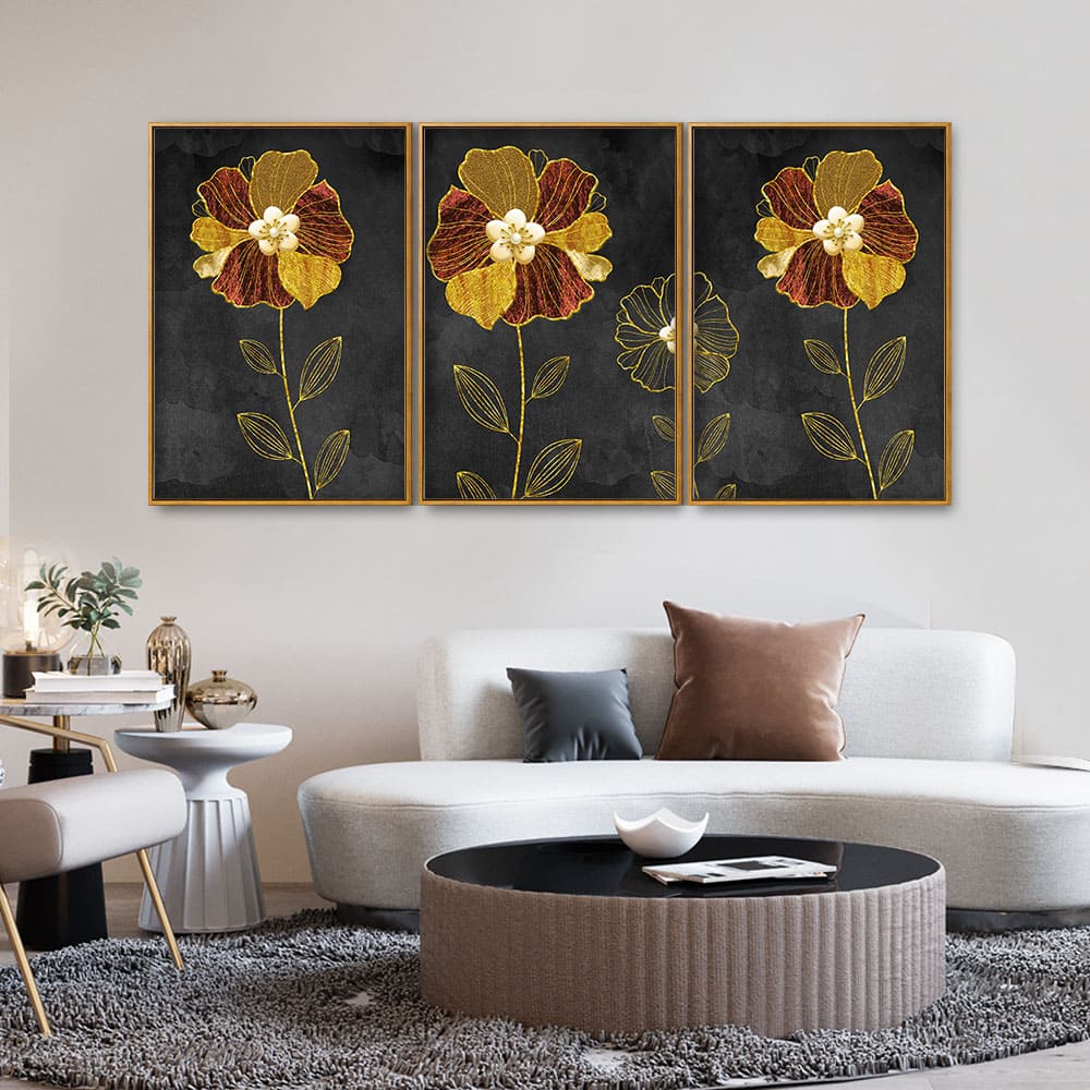 Luxury Style Flower Premium Floating Canvas Wall Painting Set of Three - Image 2