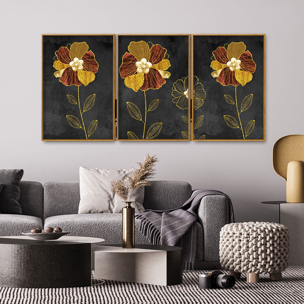Luxury Style Flower Premium Floating Canvas Wall Painting Set of Three - Image 3