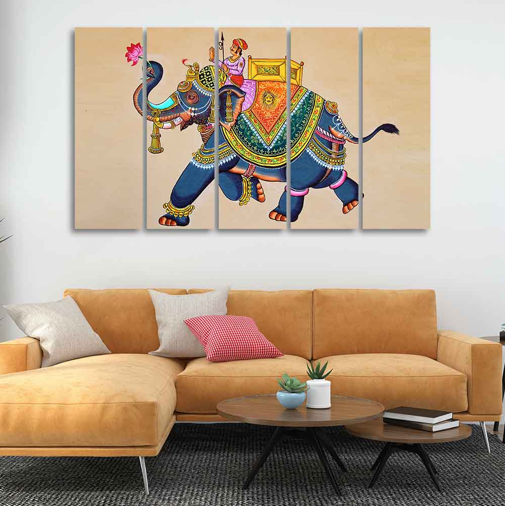 Madhubani Art Elephant Premium Canvas Wall Painting Set of Five - Image 2