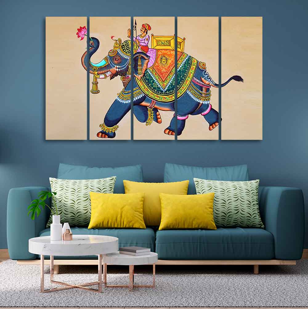 Madhubani Art Elephant Premium Canvas Wall Painting Set of Five - Image 3