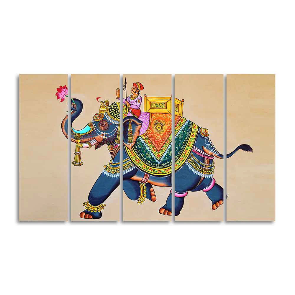 Madhubani Art Elephant Premium Canvas Wall Painting Set of Five - Image 4