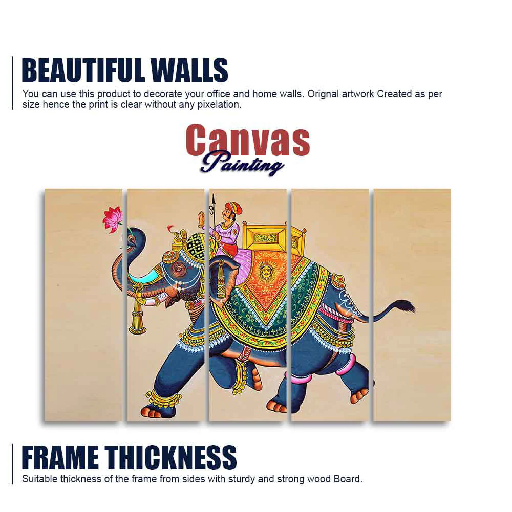 Madhubani Art Elephant Premium Canvas Wall Painting Set of Five - Image 5