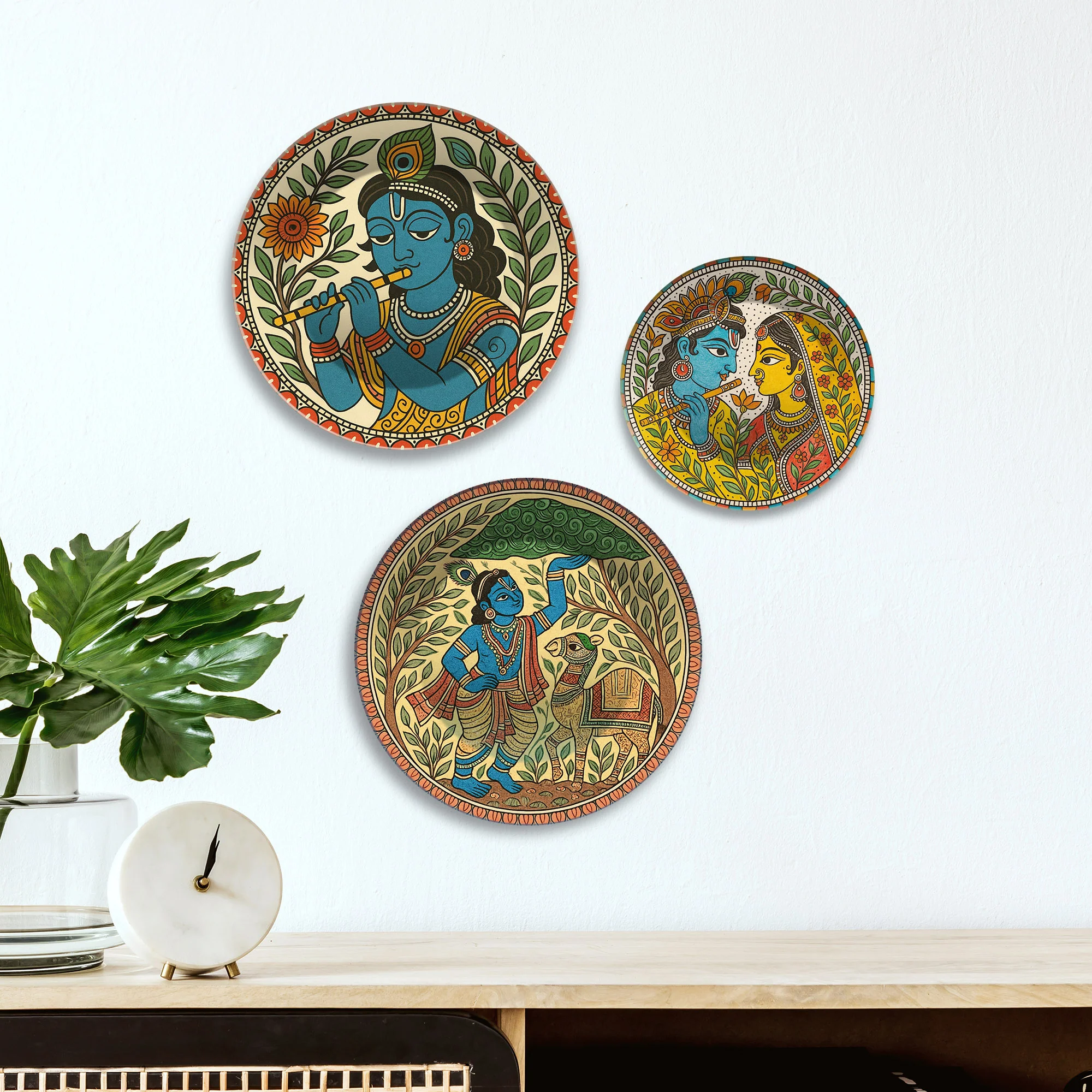 Madhubani Art Krishna Charitra Premium Wall Plates Painting Set of 3 - Image 2