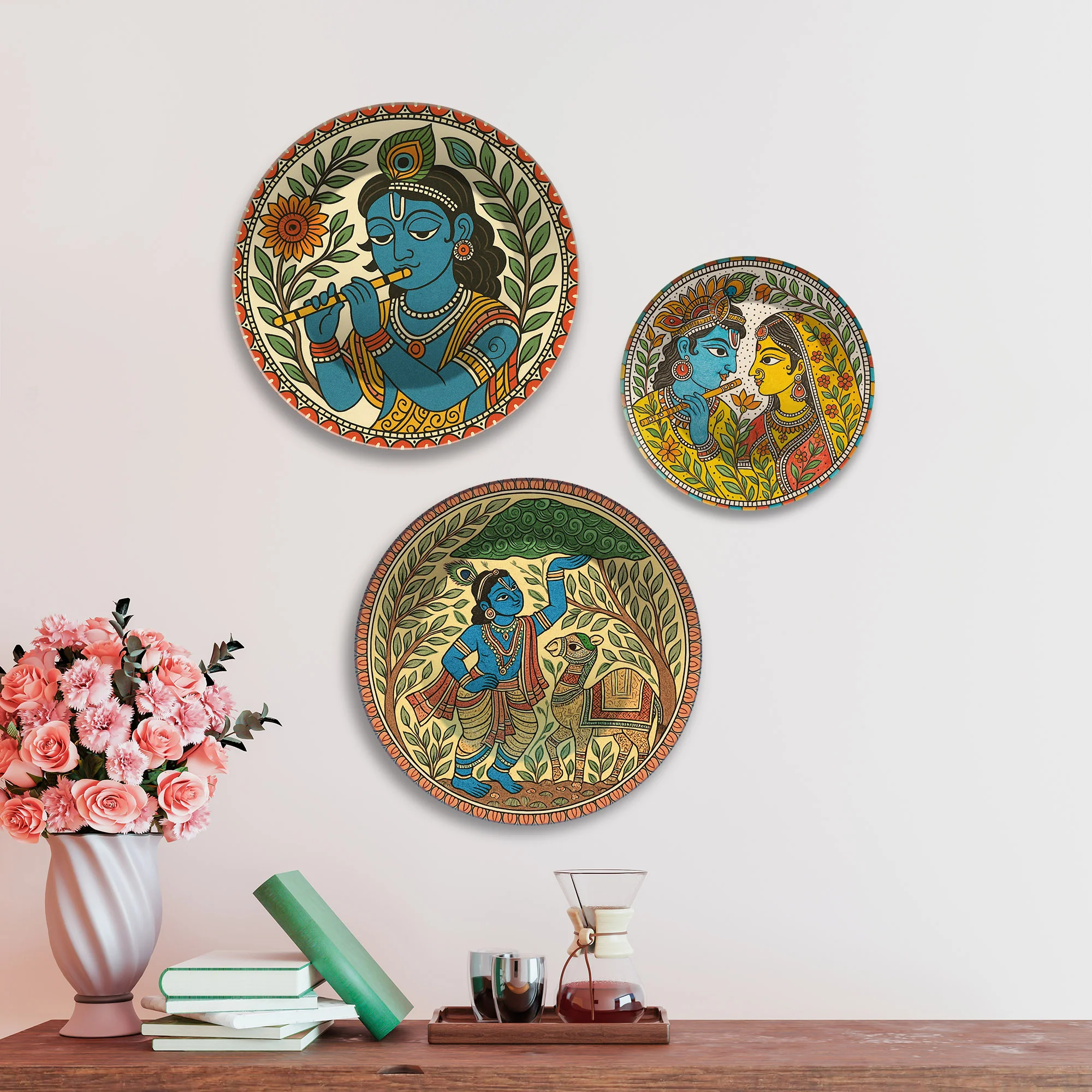 Madhubani Art Krishna Charitra Premium Wall Plates Painting Set of 3 - Image 3