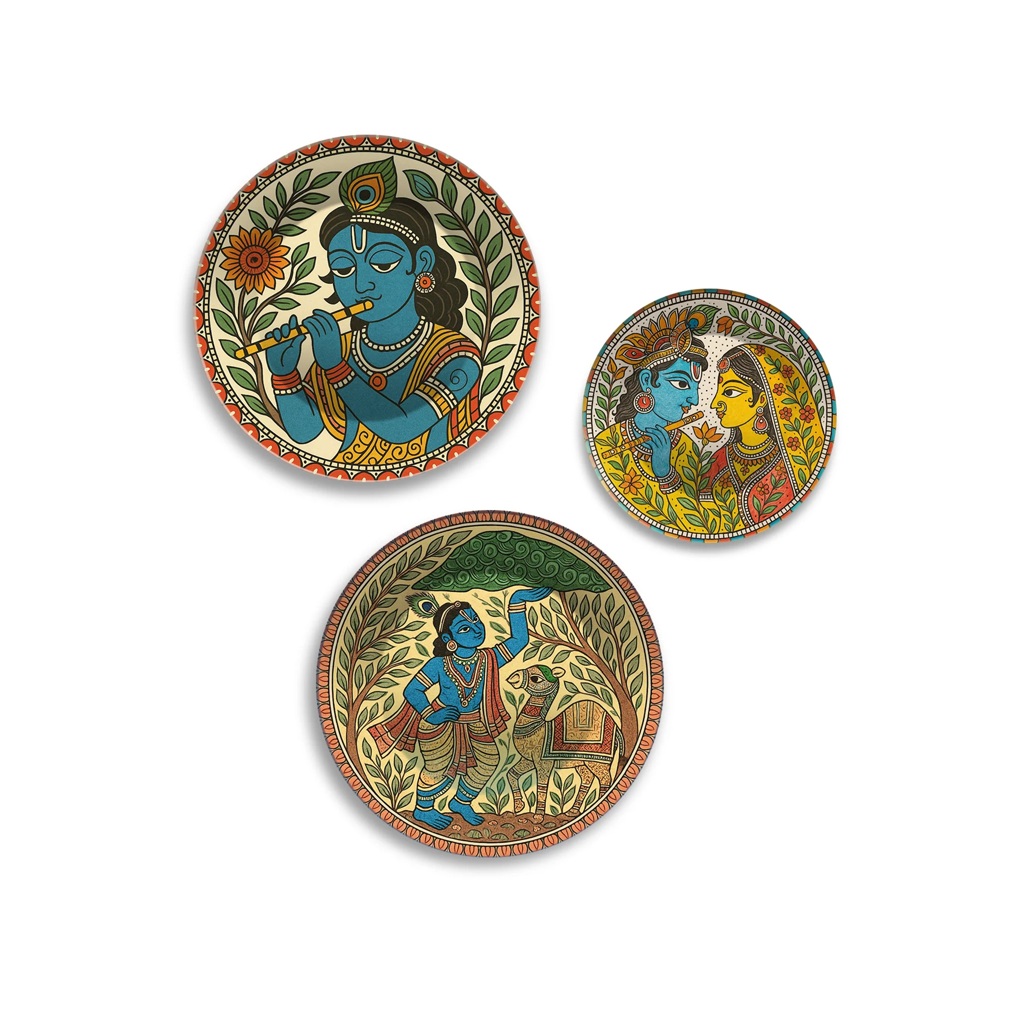 Madhubani Art Krishna Charitra Premium Wall Plates Painting Set of 3 - Image 4
