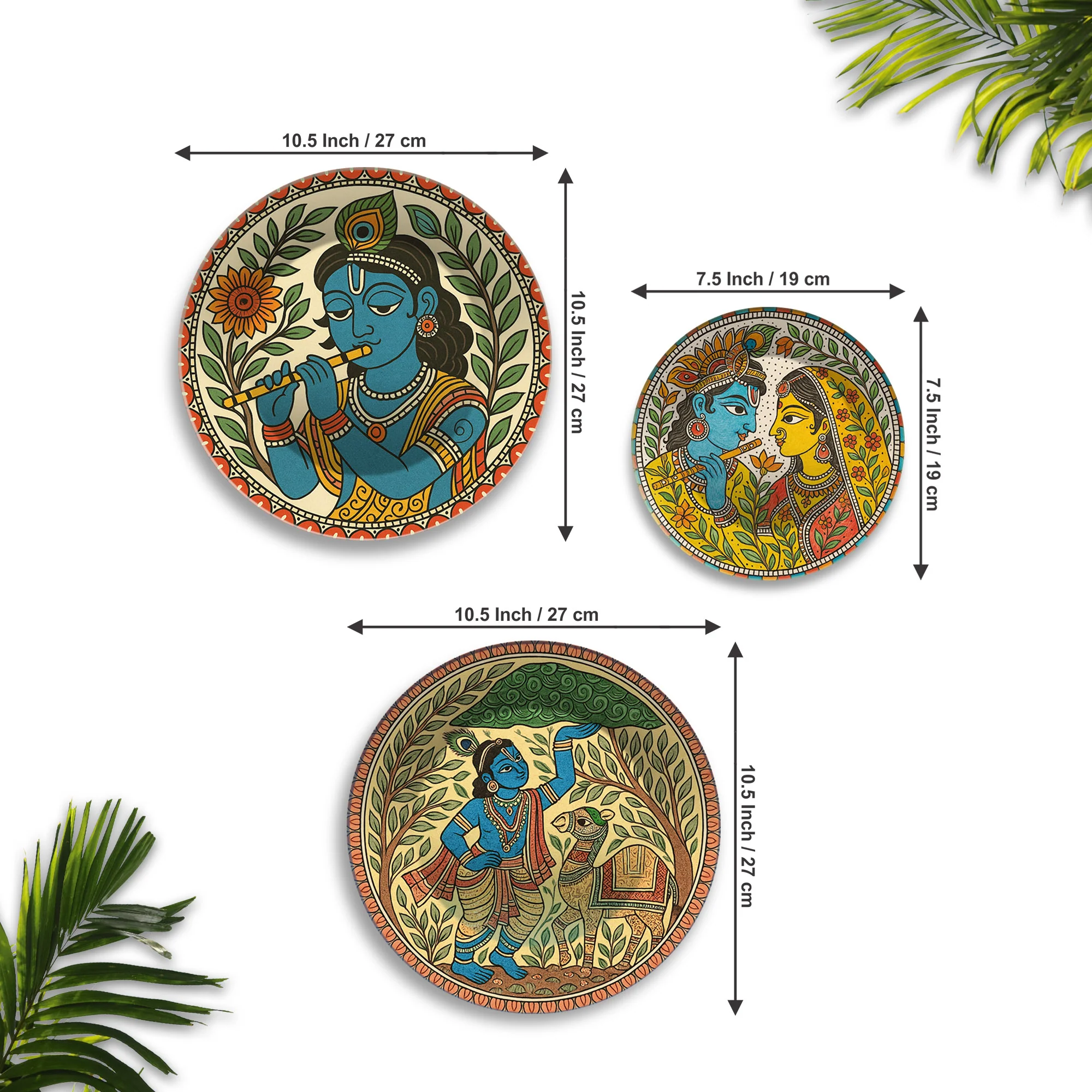 Madhubani Art Krishna Charitra Premium Wall Plates Painting Set of 3 - Image 6