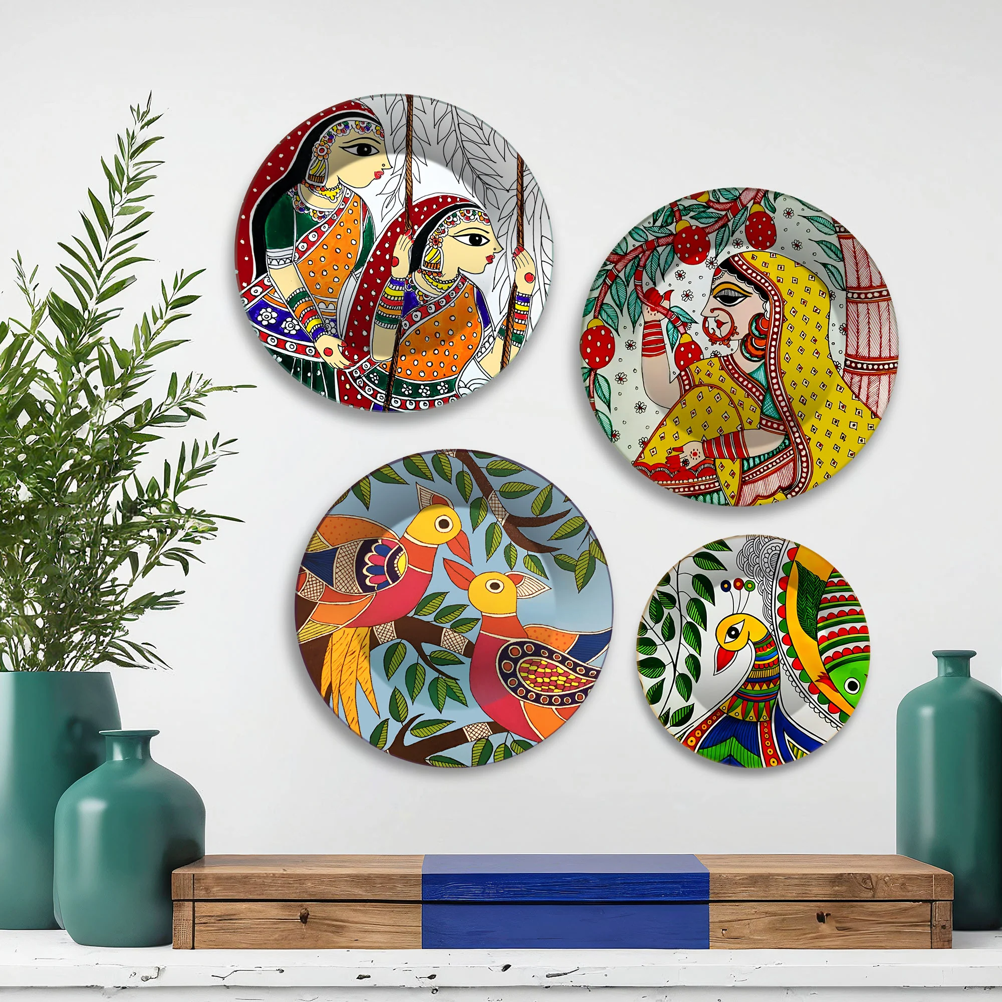 Madhubani Art Mithila Folk Tales Premium Wall Plates Painting Set of Four - Image 3