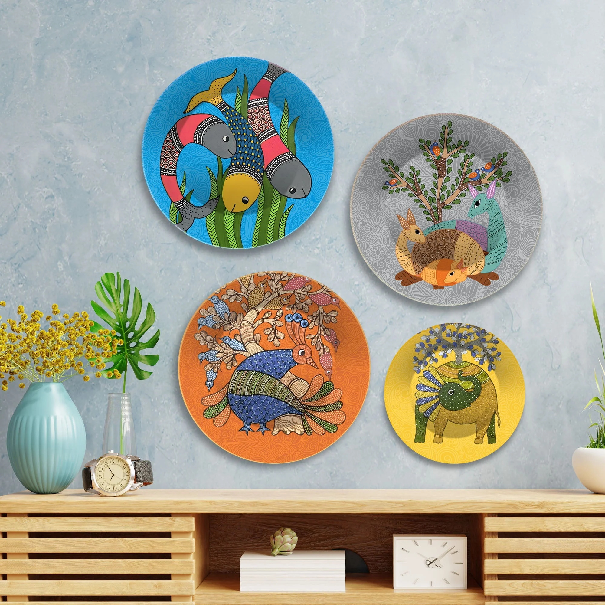 Madhubani Art Premium Wall Plates Painting Set of Four - Image 2