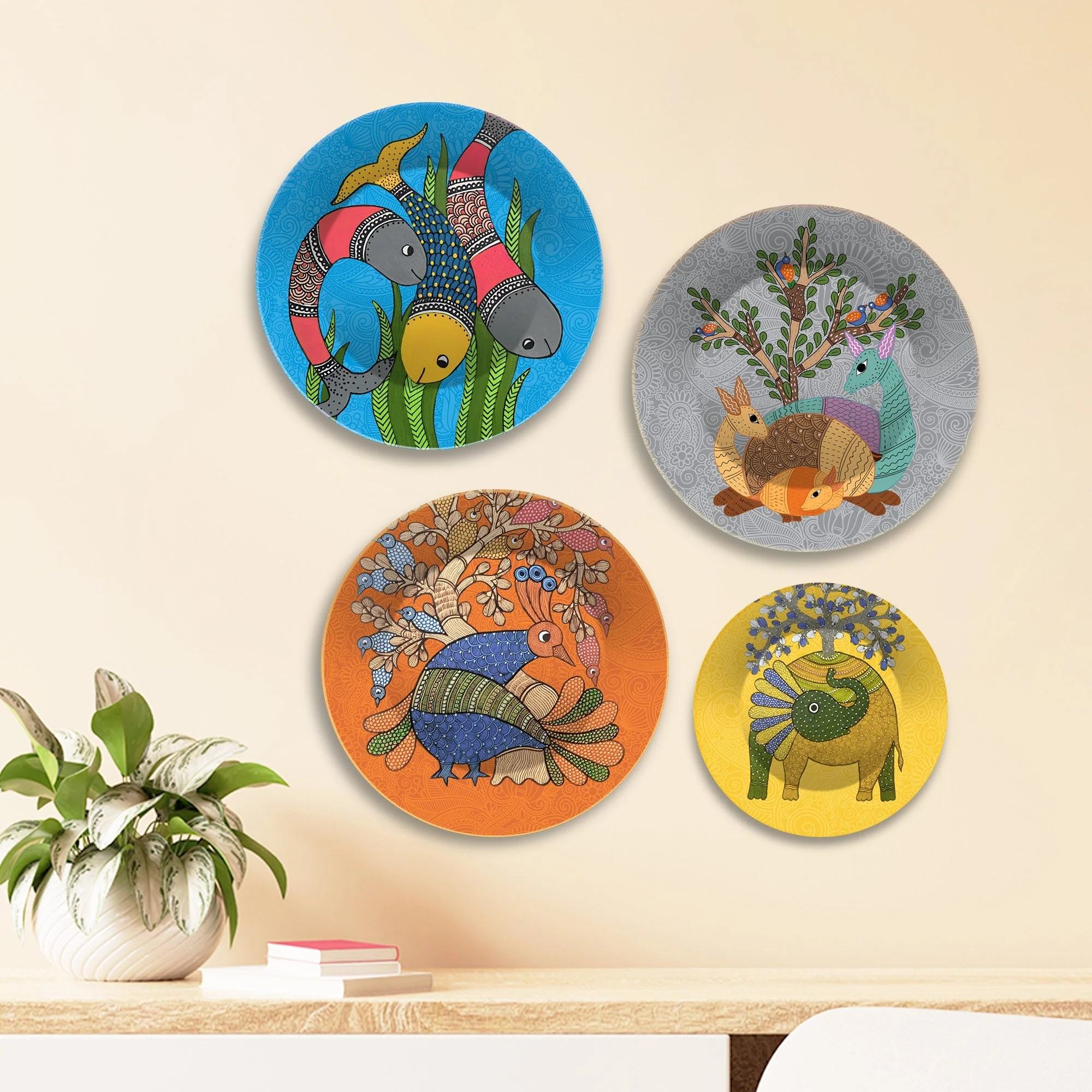 Madhubani Art Premium Wall Plates Painting Set of Four - Image 3