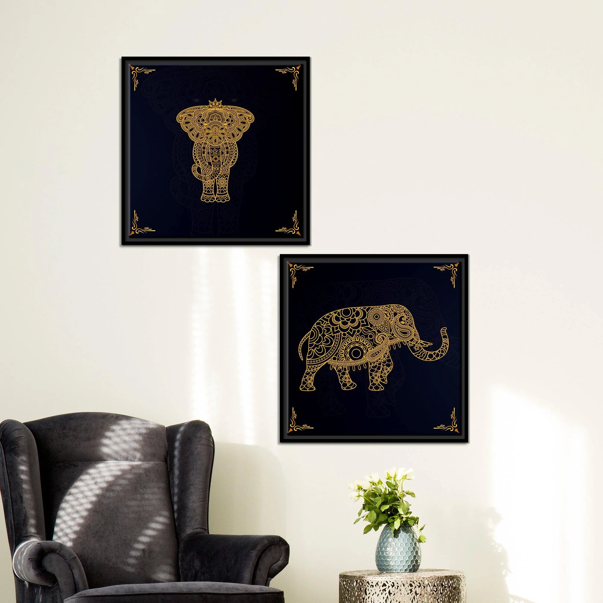 Madhubani Art Elephant Canvas Wall Painting of Two Pieces Floating Frame - Image 3