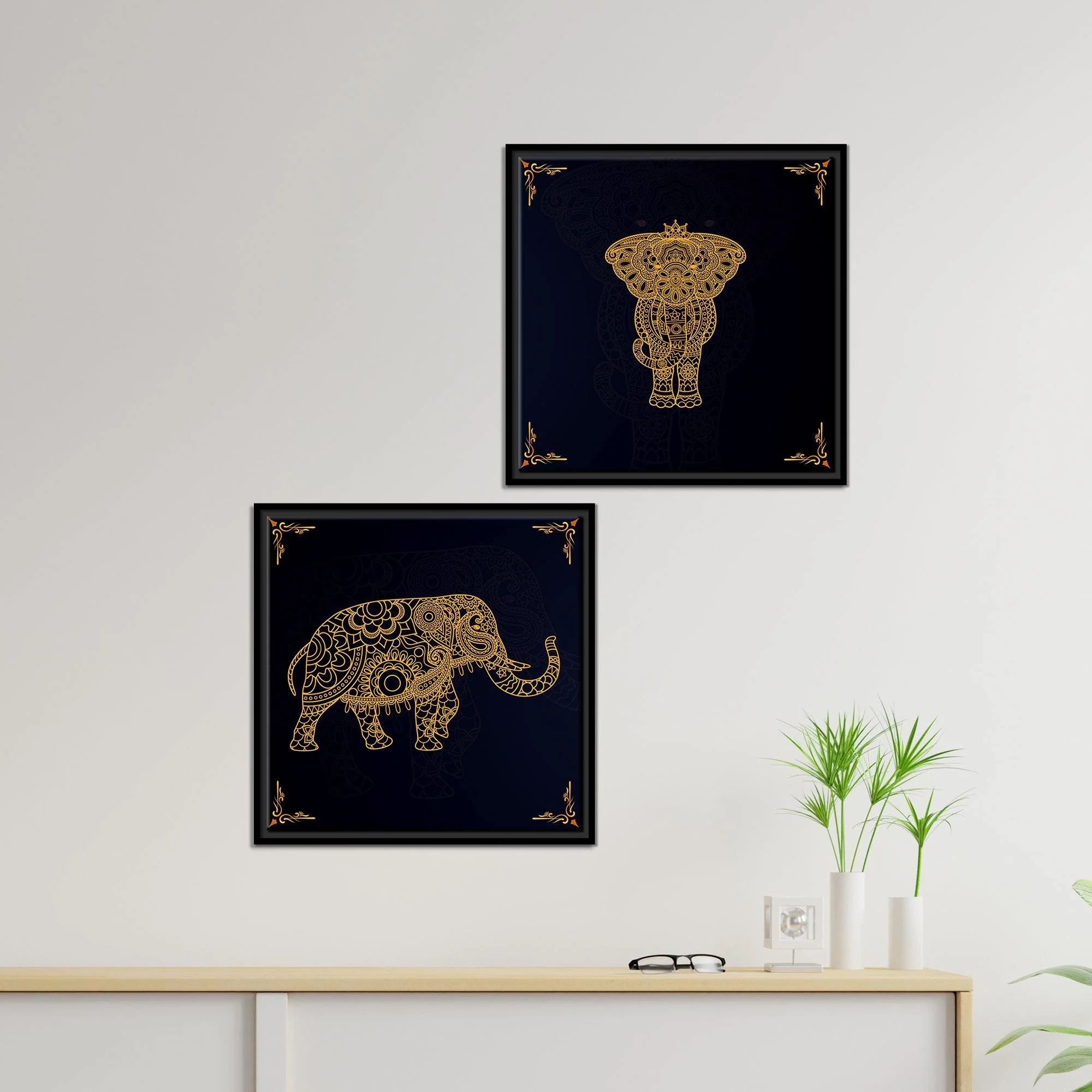 Madhubani Art Elephant Canvas Wall Painting of Two Pieces Floating Frame - Image 4