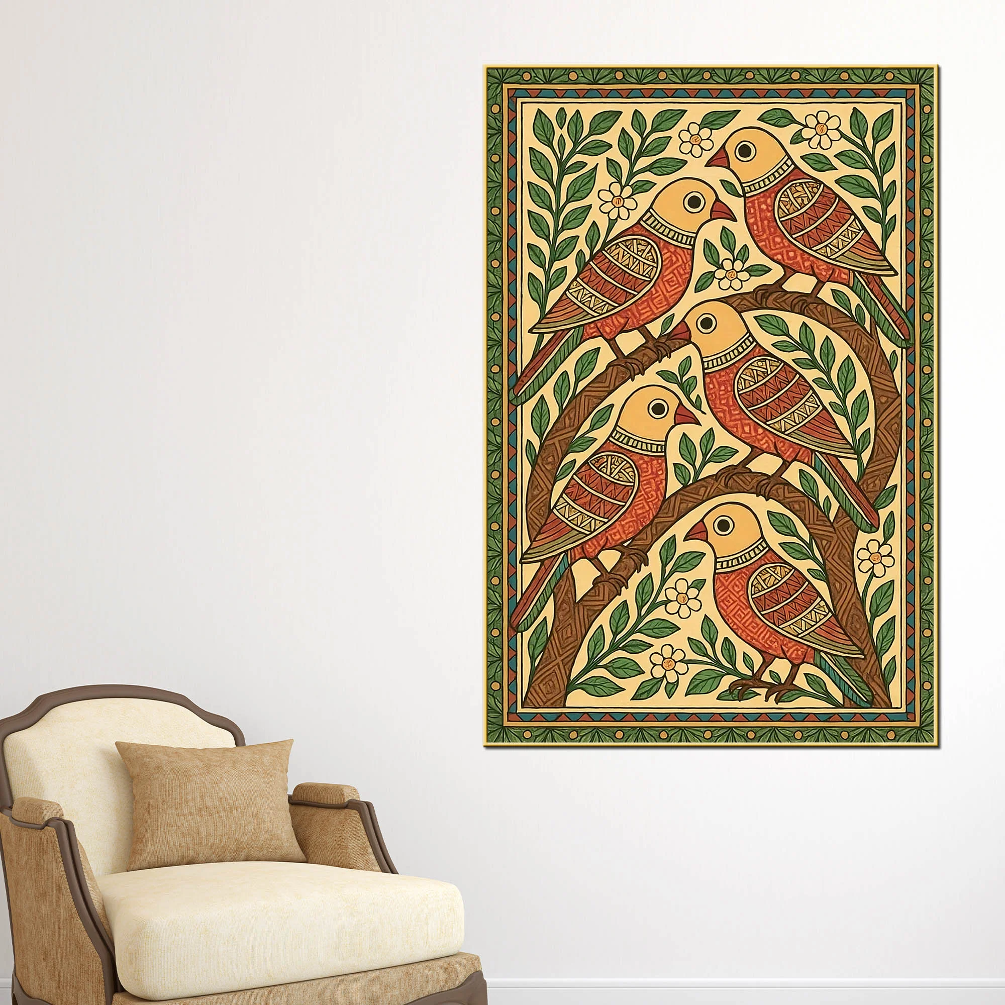 Madhubani Birds Canvas Wall Painting for Wall Art Decoration
