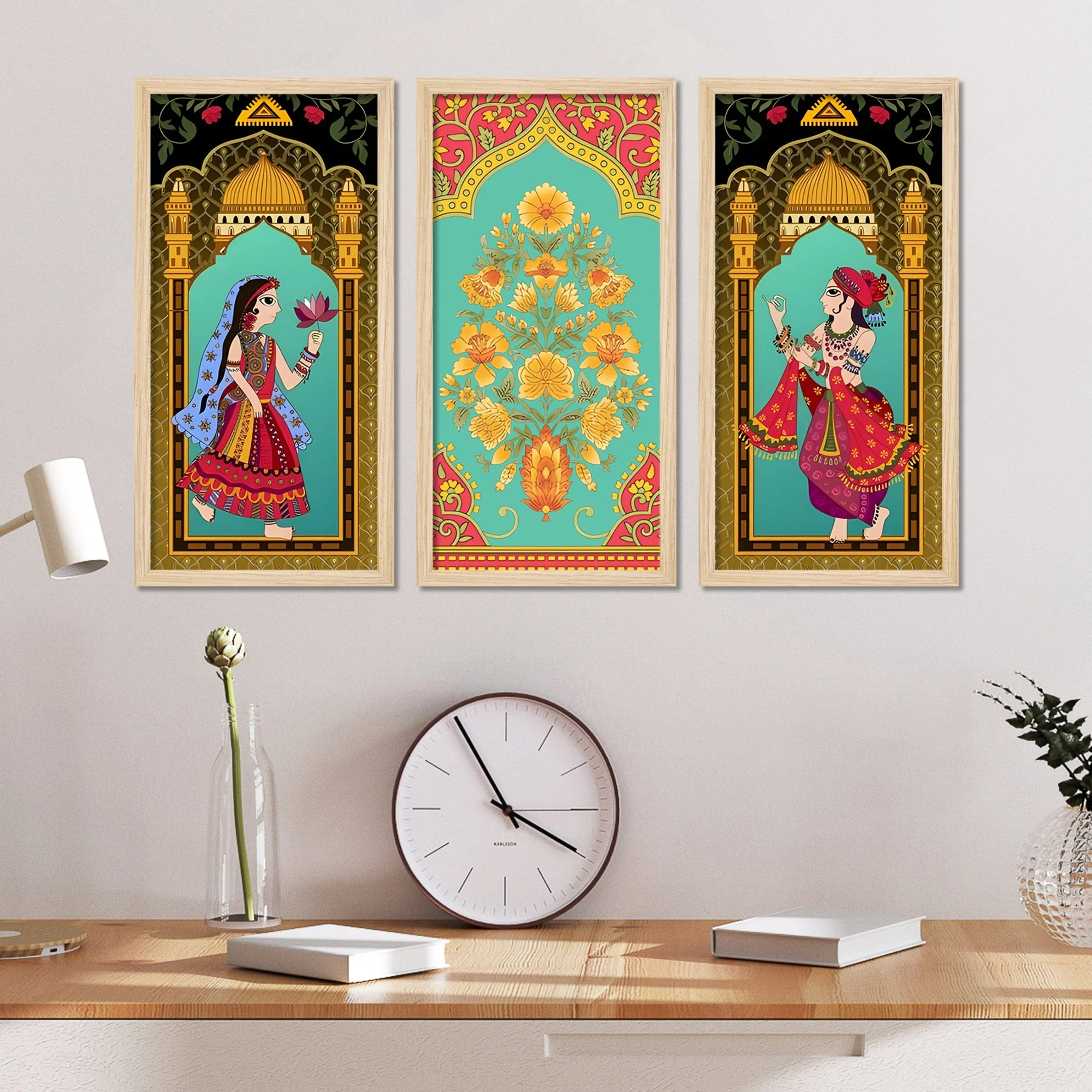 Madhubani Decorative Welcome Home Art Wooden Wall Frame Set of Three - Image 3