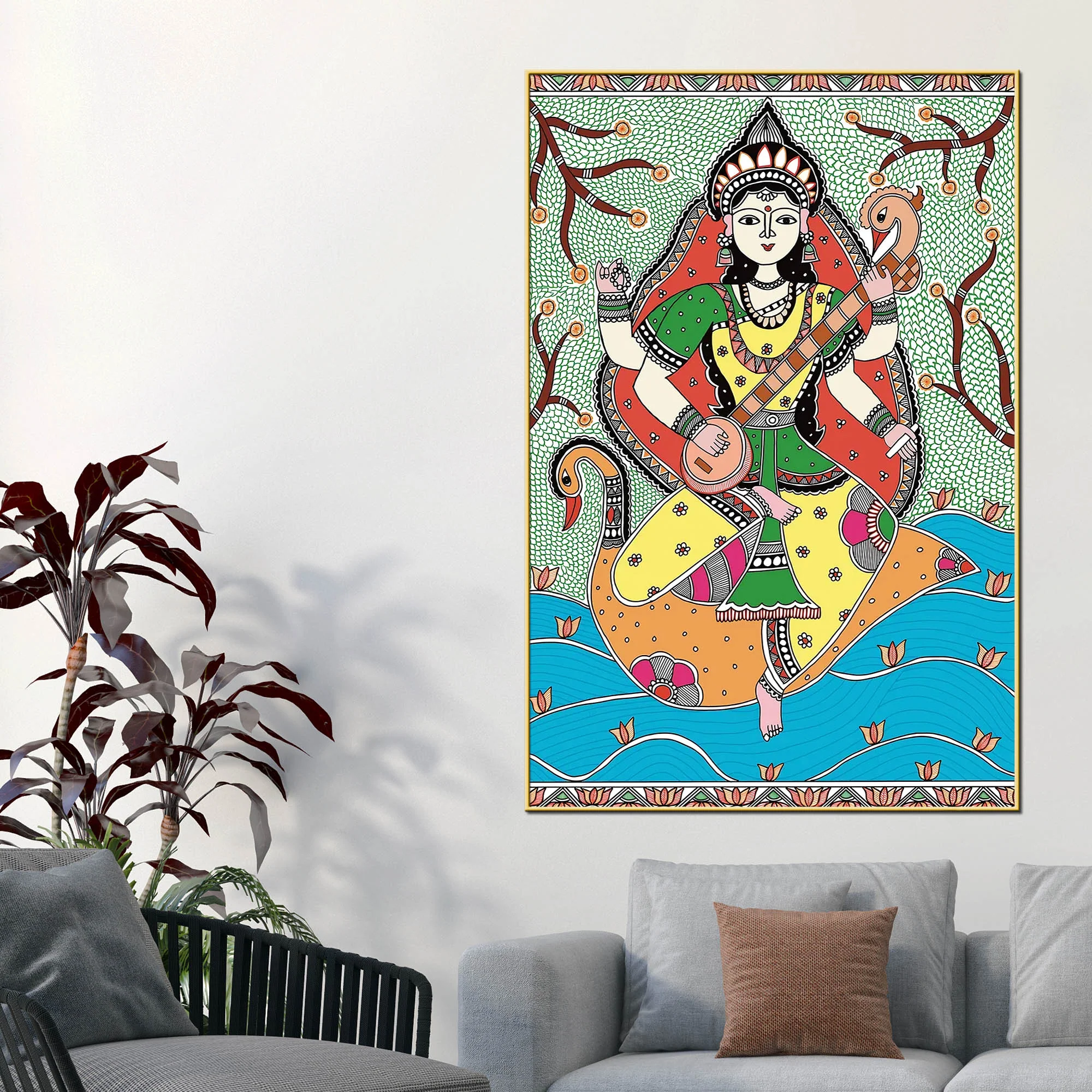 Madhubani Hindu Goddess Saraswati Wall Painting