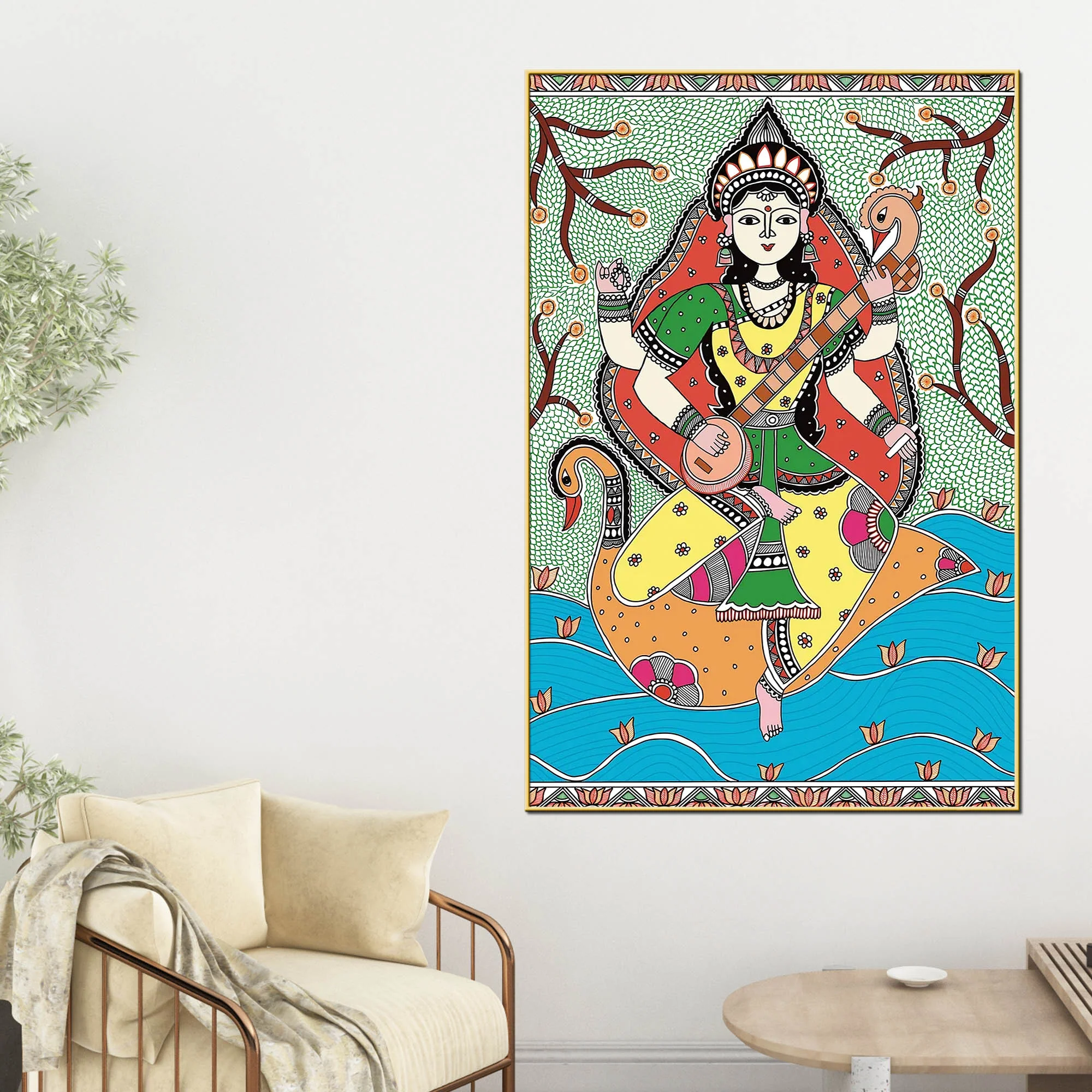 Madhubani Hindu Goddess Saraswati Wall Painting - Image 2