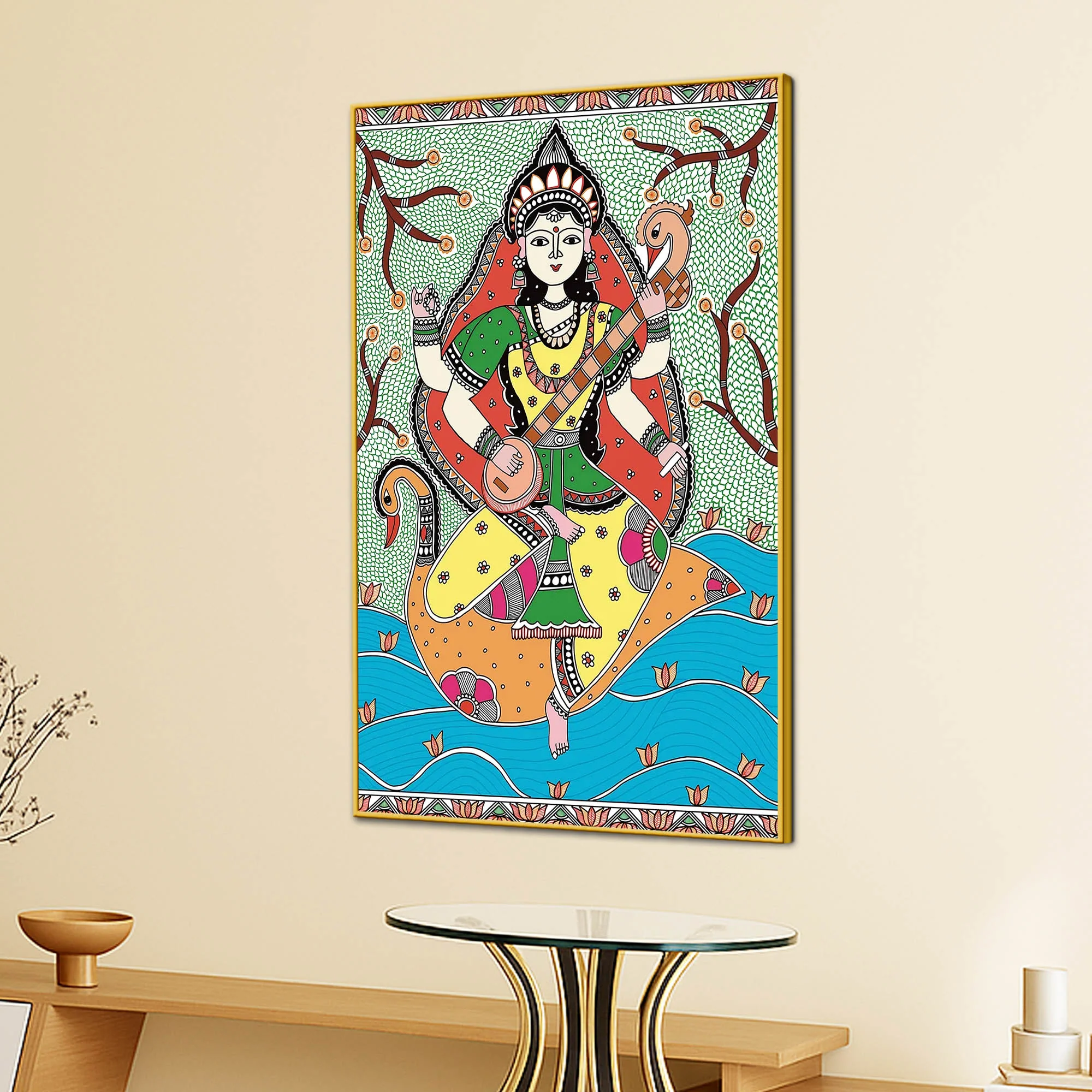 Madhubani Hindu Goddess Saraswati Wall Painting - Image 3