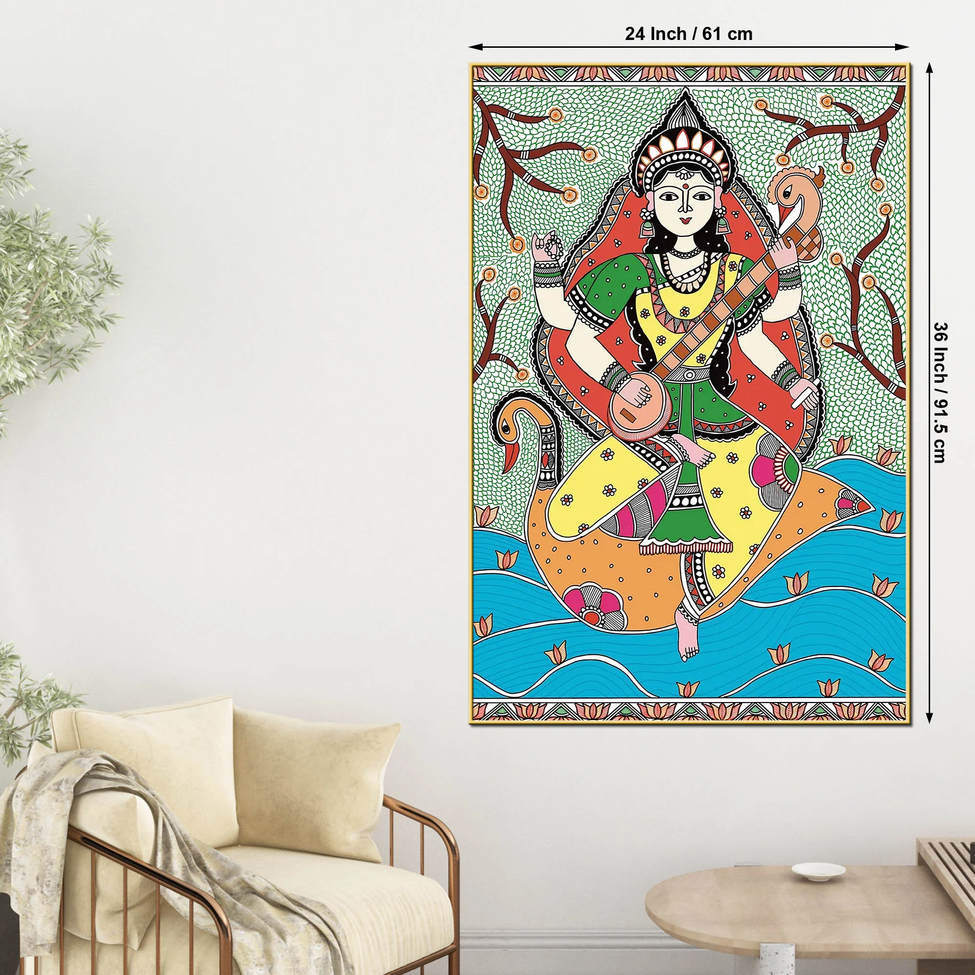 Madhubani Hindu Goddess Saraswati Wall Painting - Image 5