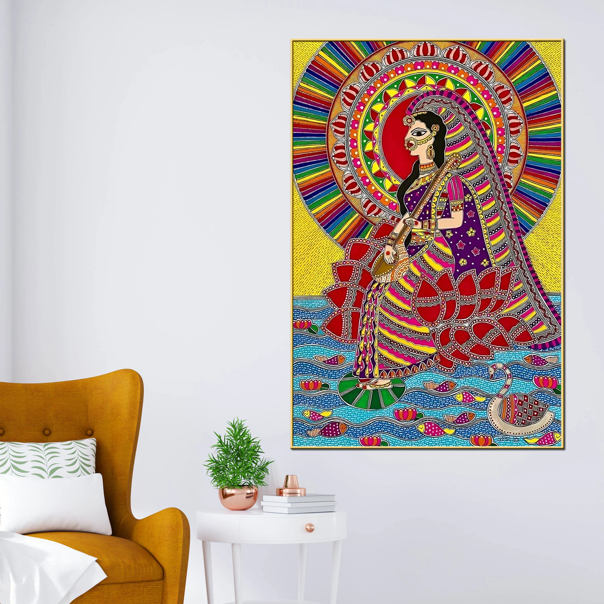 Madhubani Indian Decor Saraswati Ji Canvas Wall Painting - Image 2