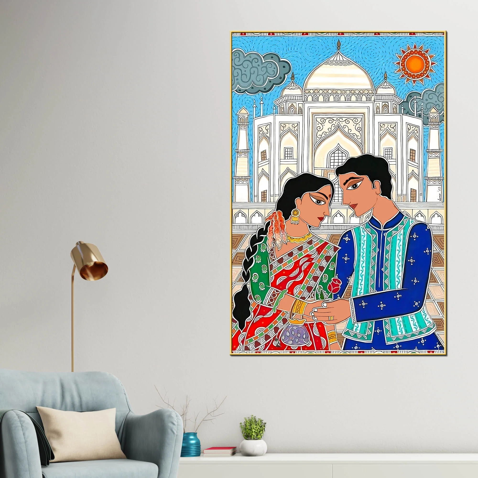 Madhubani Inspired Romantic Taj Mahal Canvas Painting - Image 2