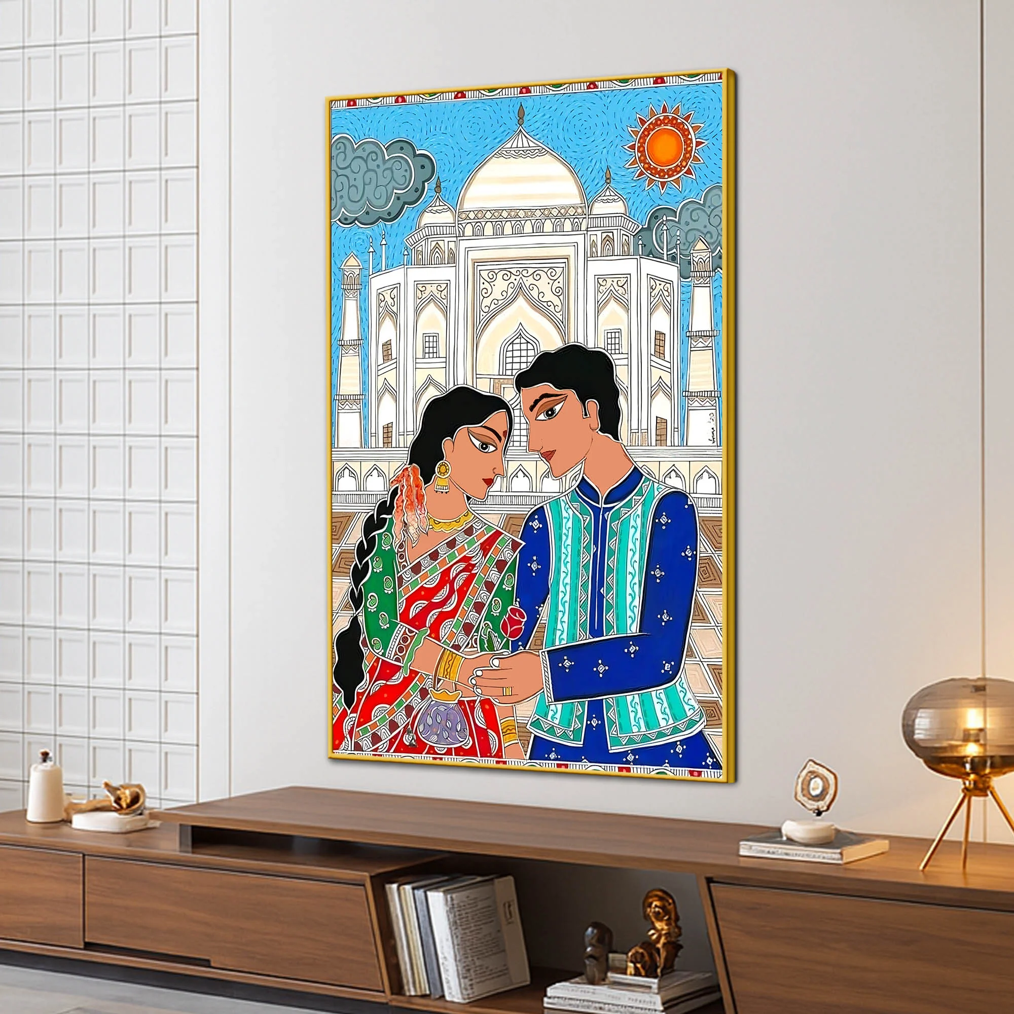 Madhubani Inspired Romantic Taj Mahal Canvas Painting - Image 3