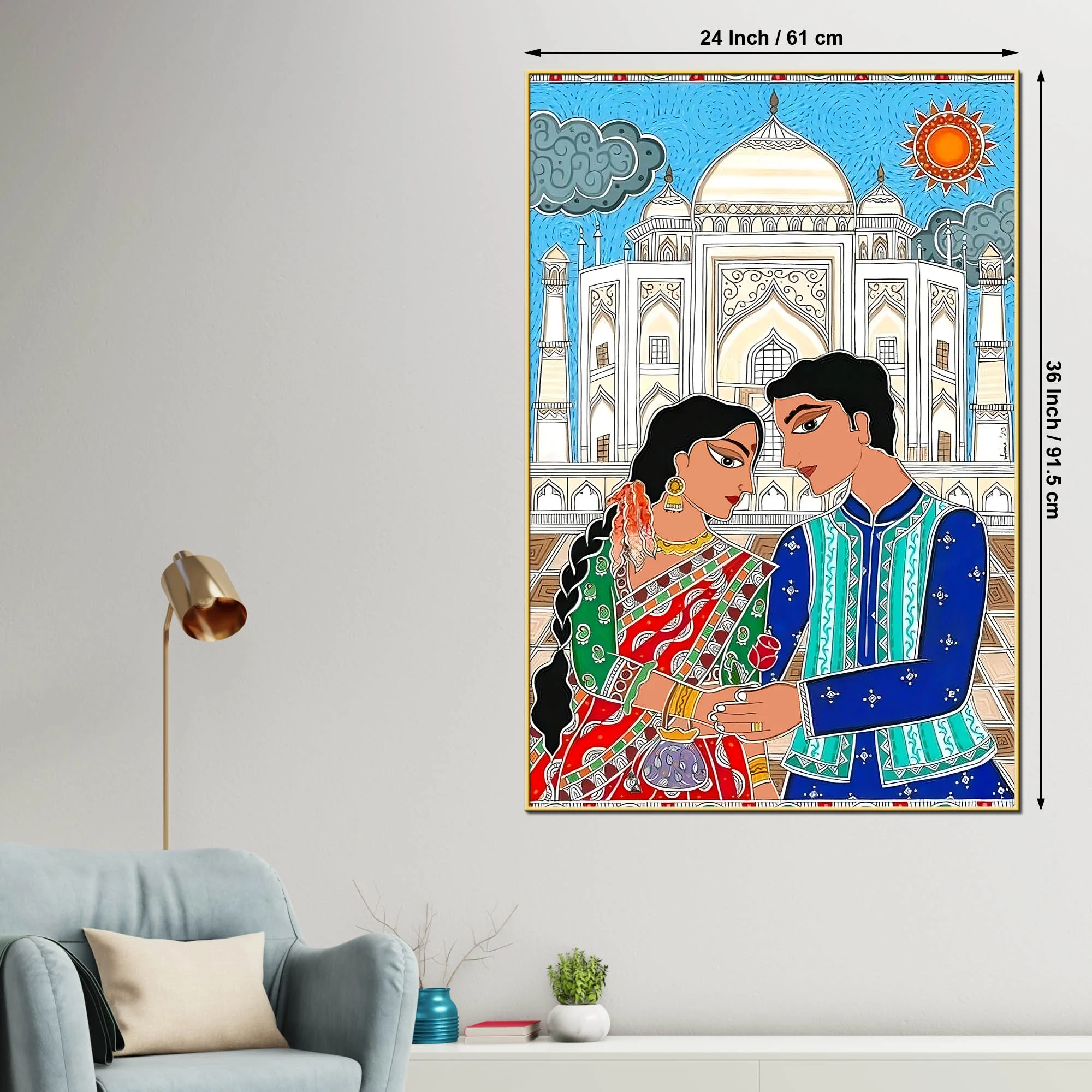 Madhubani Inspired Romantic Taj Mahal Canvas Painting - Image 5